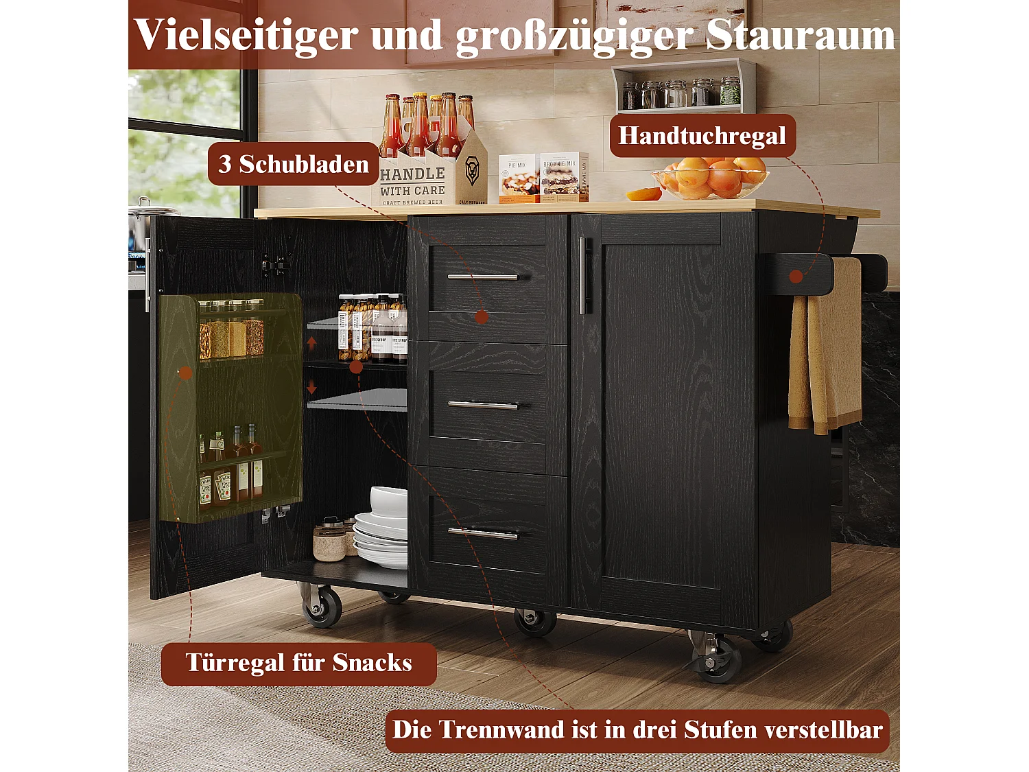 Îlot de cuisine avec plan de travail, cloisons amovibles, roulettes et porte-serviettes latéral, bois naturel, noir (135x46x86.6 cm)