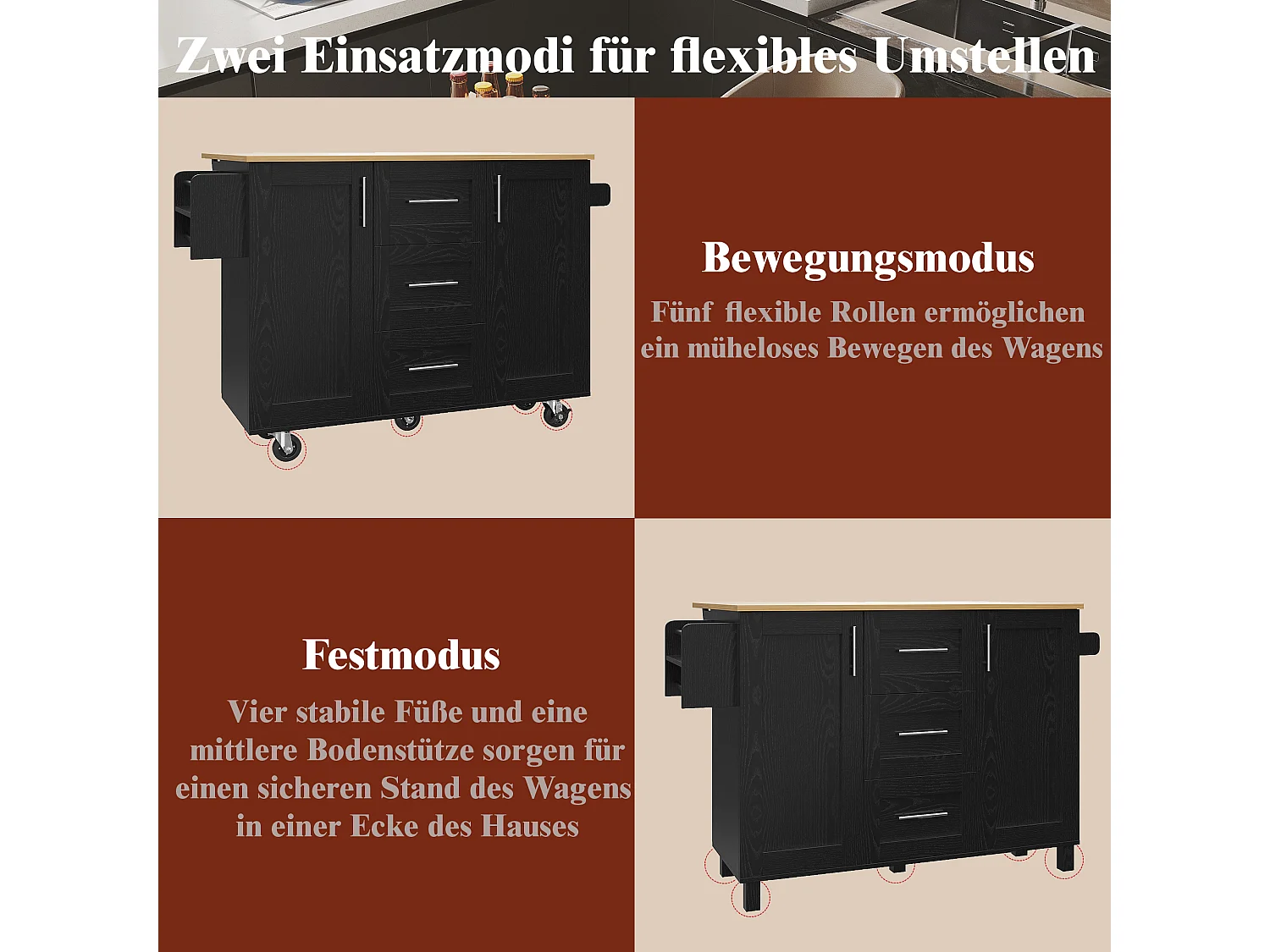 Îlot de cuisine avec plan de travail, cloisons amovibles, roulettes et porte-serviettes latéral, bois naturel, noir (135x46x86.6 cm)