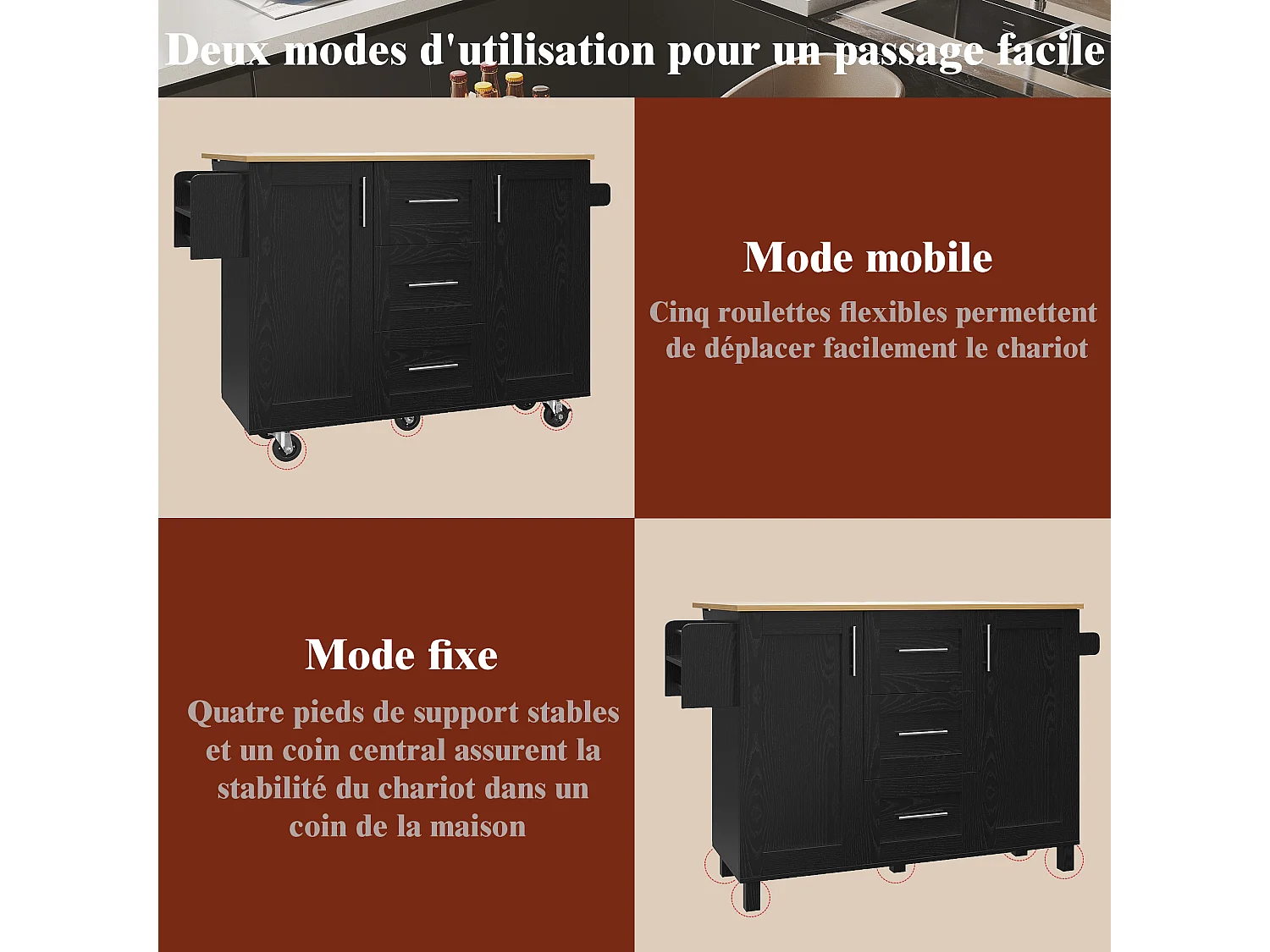 Îlot de cuisine avec plan de travail, cloisons amovibles, roulettes et porte-serviettes latéral, bois naturel, noir (135x46x86.6 cm)