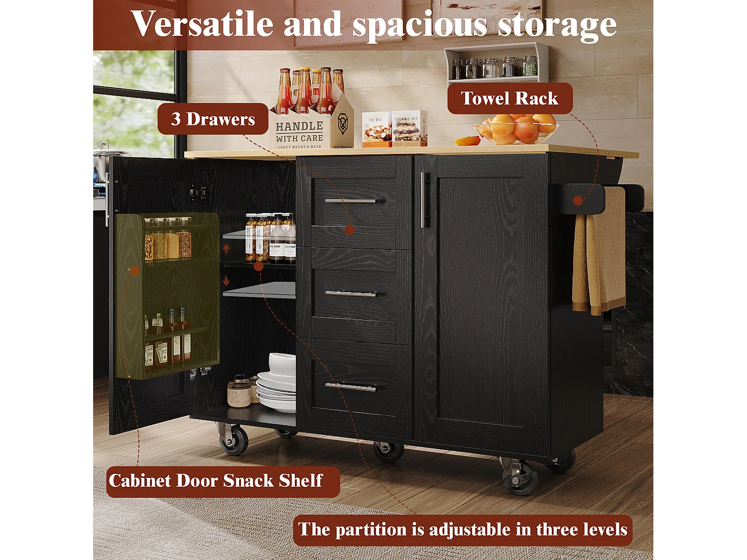 Îlot de cuisine avec plan de travail, cloisons amovibles, roulettes et porte-serviettes latéral, bois naturel, noir (135x46x86.6 cm)