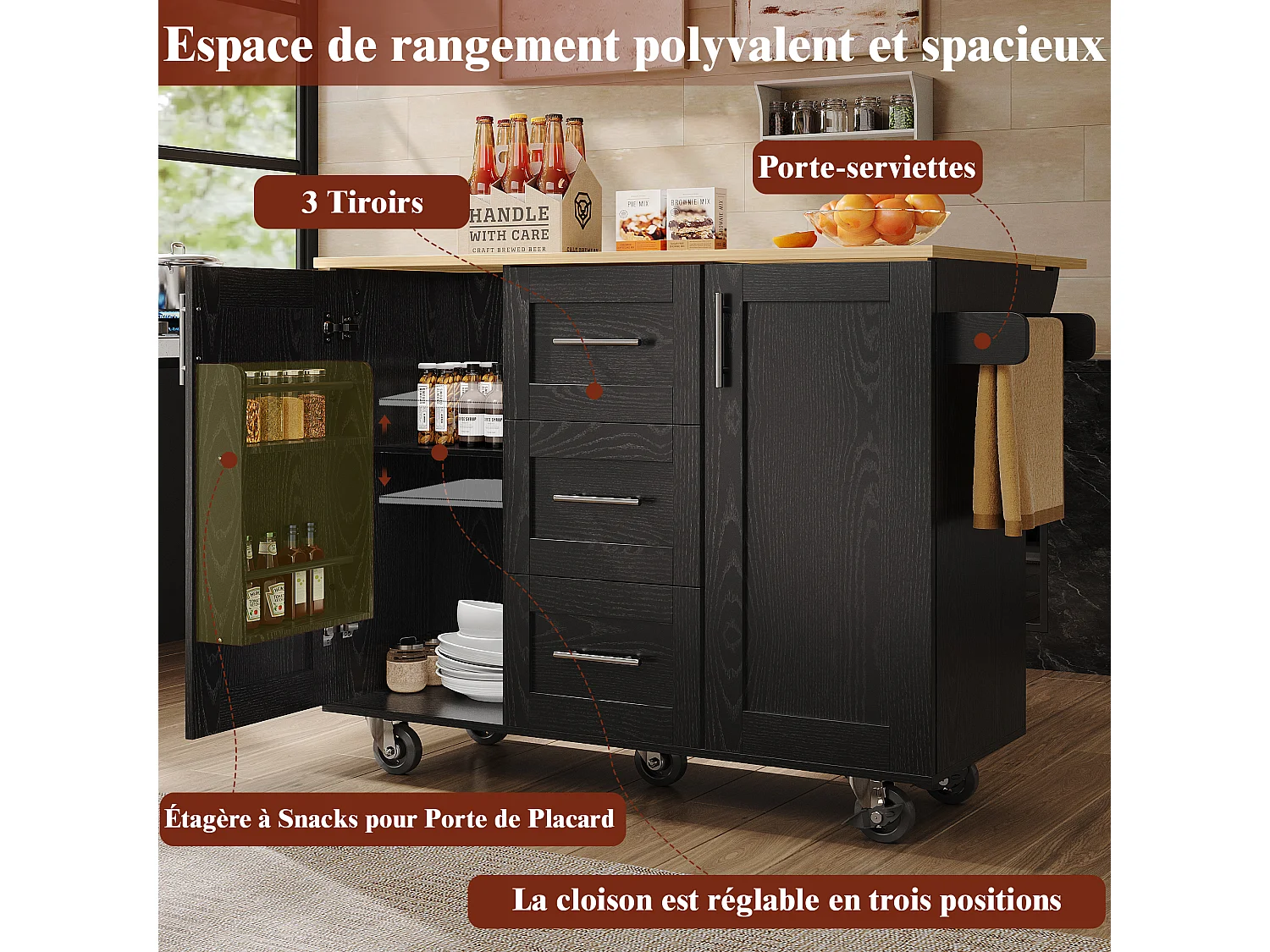 Îlot de cuisine avec plan de travail, cloisons amovibles, roulettes et porte-serviettes latéral, bois naturel, noir (135x46x86.6 cm)