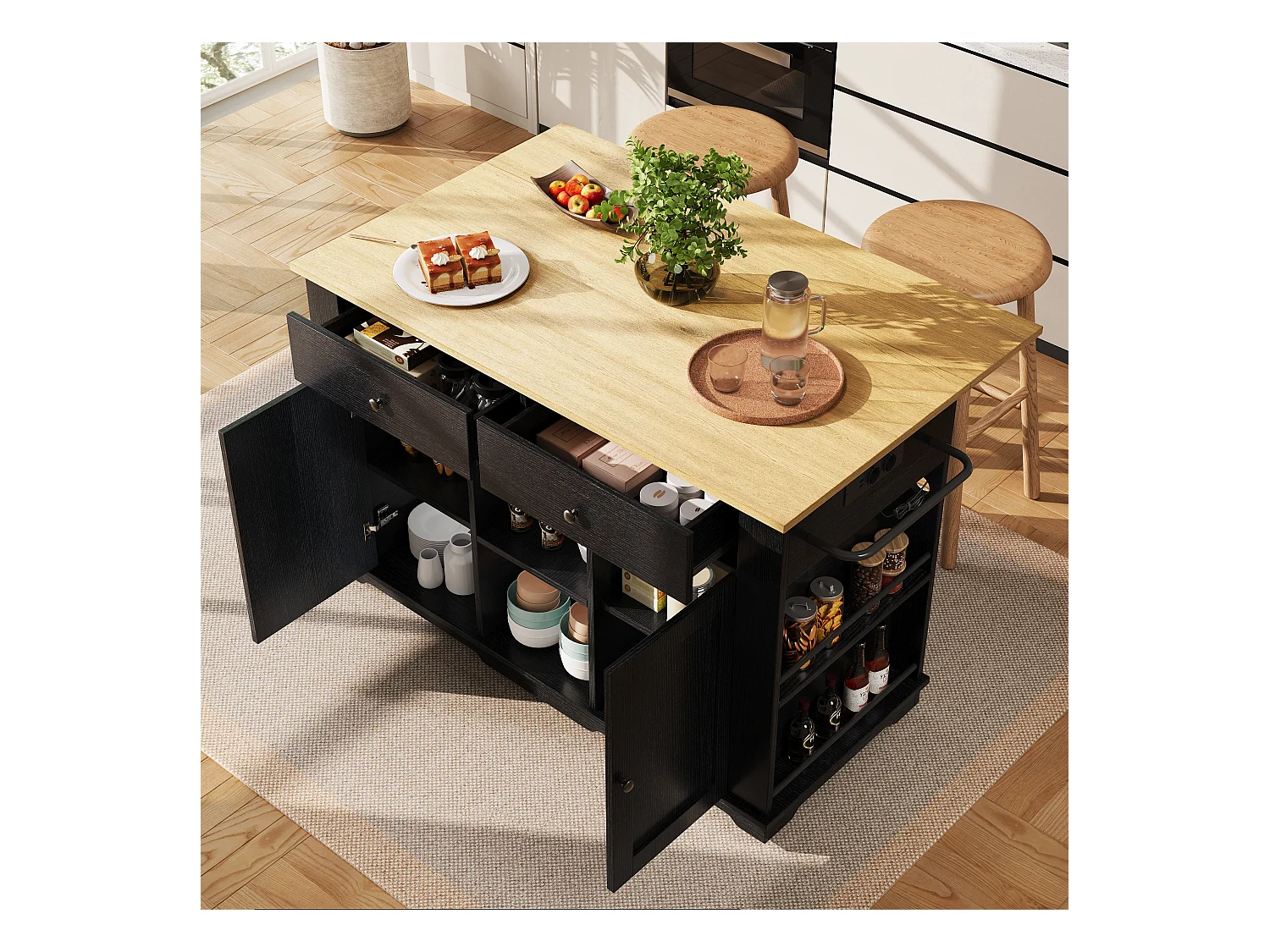 Îlot cuisine avec plan rabattable, prise électrique, rangement, MDF et métal, noir et naturel (151.5x59.7x91.7 cm)