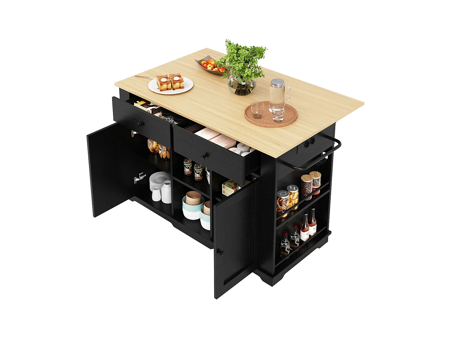 Îlot cuisine avec plan rabattable, prise électrique, rangement, MDF et métal, noir et naturel (151.5x59.7x91.7 cm)
