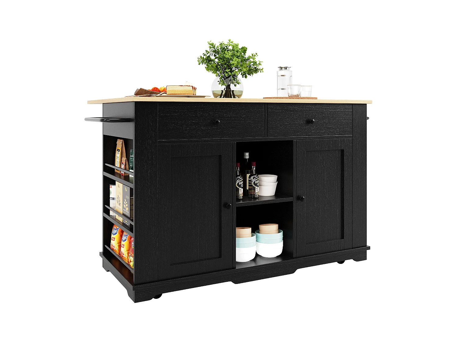 Îlot cuisine avec plan rabattable, prise électrique, rangement, MDF et métal, noir et naturel (151.5x59.7x91.7 cm)