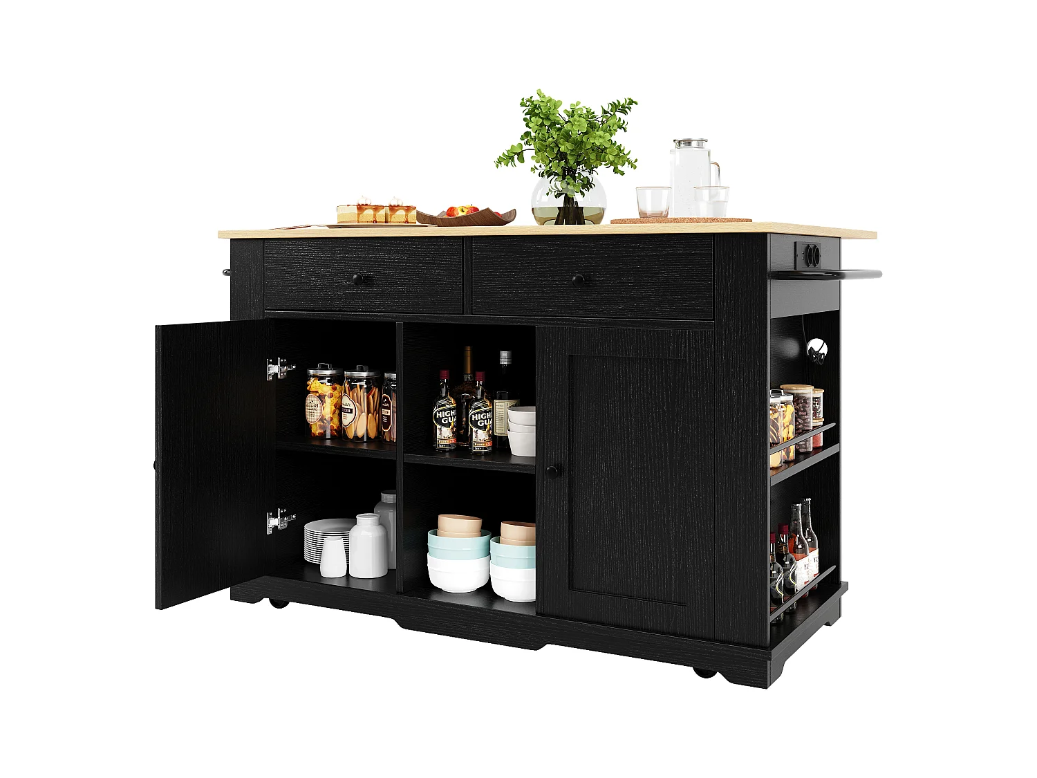 Îlot cuisine avec plan rabattable, prise électrique, rangement, MDF et métal, noir et naturel (151.5x59.7x91.7 cm)