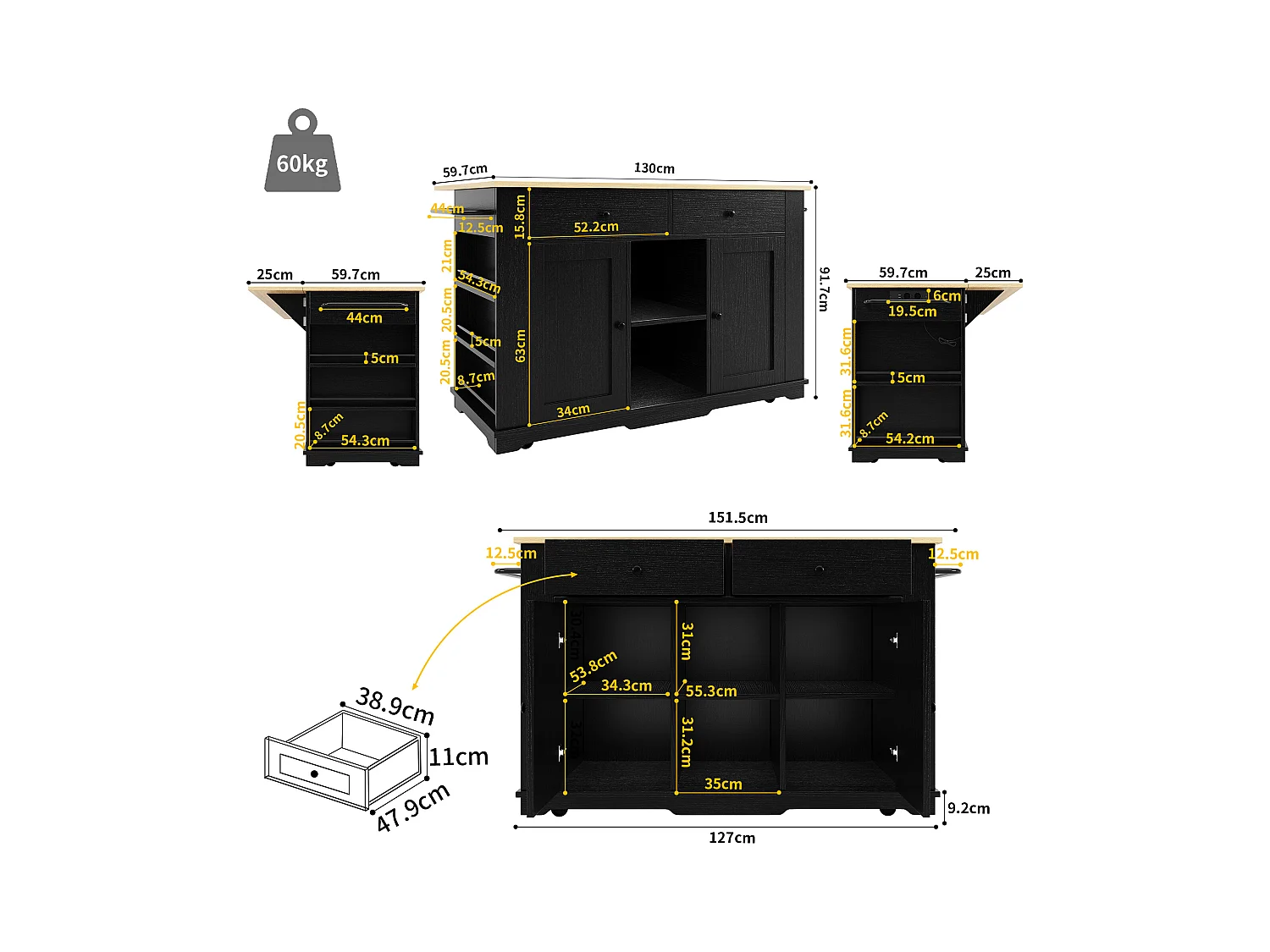 Îlot cuisine avec plan rabattable, prise électrique, rangement, MDF et métal, noir et naturel (151.5x59.7x91.7 cm)