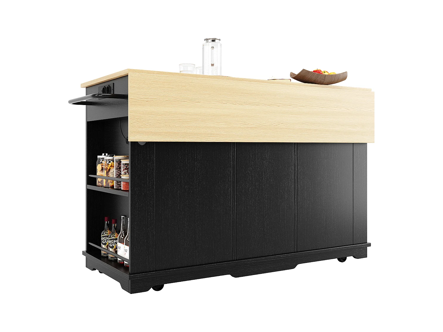 Îlot cuisine avec plan rabattable, prise électrique, rangement, MDF et métal, noir et naturel (151.5x59.7x91.7 cm)