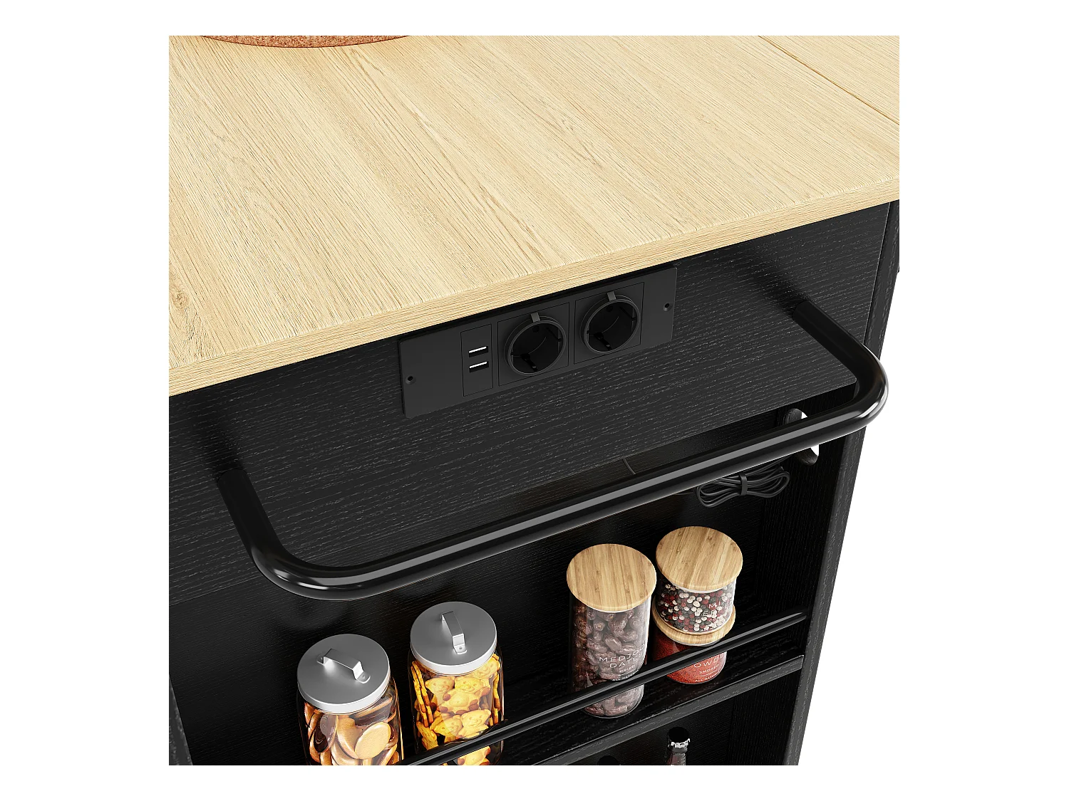 Îlot cuisine avec plan rabattable, prise électrique, rangement, MDF et métal, noir et naturel (151.5x59.7x91.7 cm)