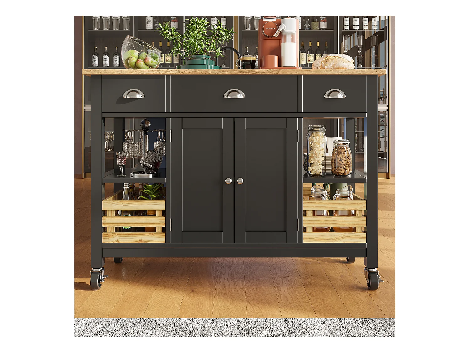 Îlot de cuisine moderne avec plateau en bois, 3 tiroirs, panier en pin, fonction de rangement multifonctionnel, blanc (120x45x90 cm)