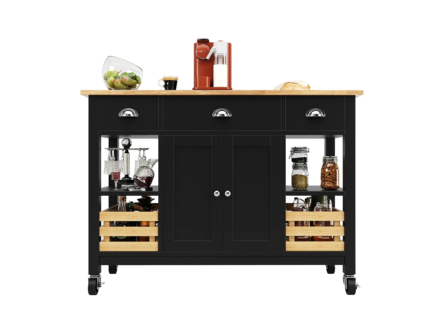 Îlot de cuisine moderne avec plateau en bois, 3 tiroirs, panier en pin, fonction de rangement multifonctionnel, blanc (120x45x90 cm)