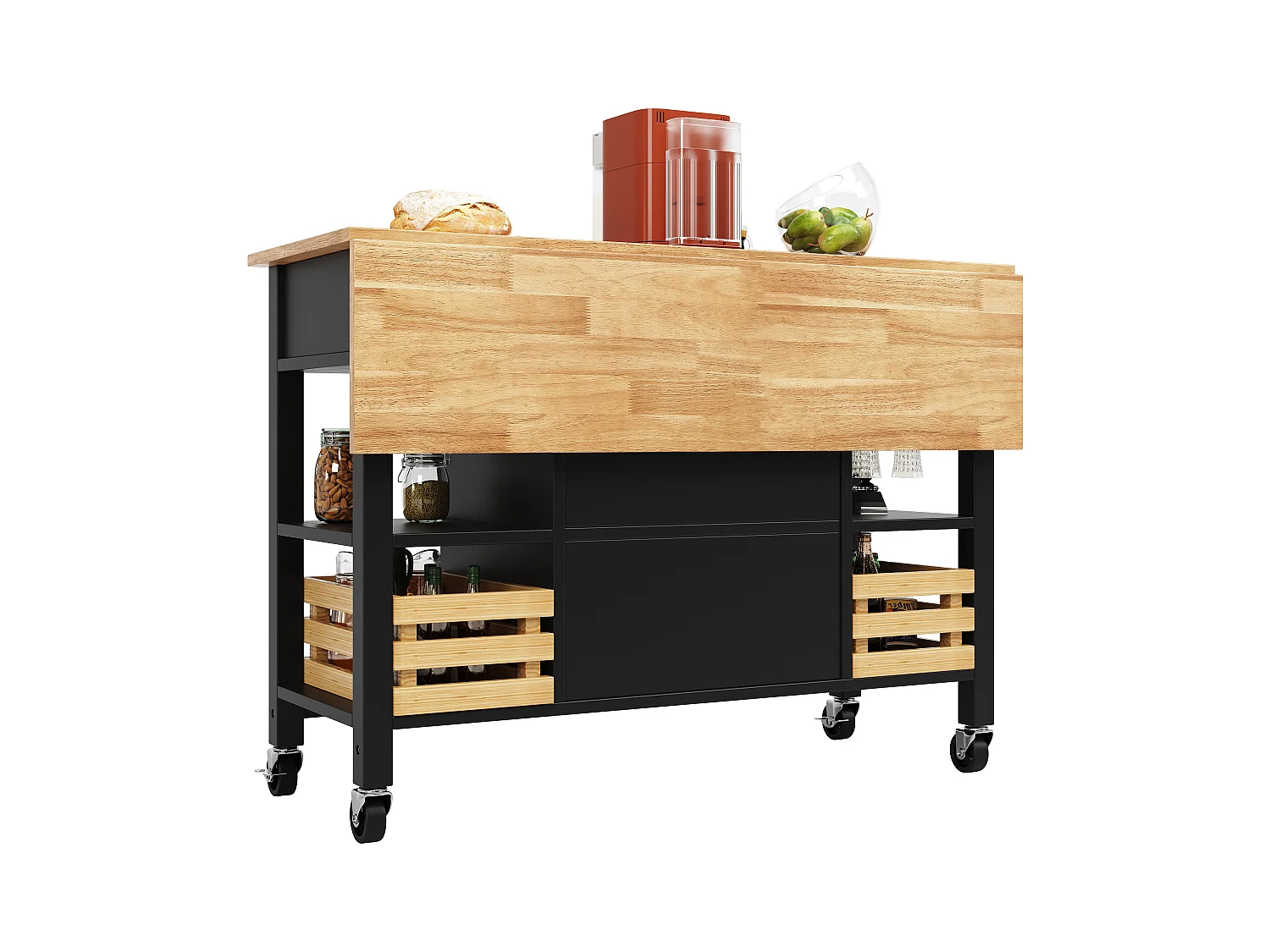 Îlot de cuisine moderne avec plateau en bois, 3 tiroirs, panier en pin, fonction de rangement multifonctionnel, blanc (120x45x90 cm)