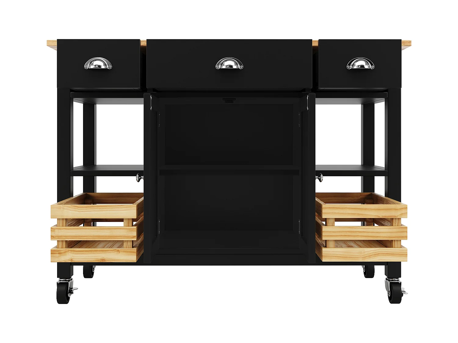 Îlot de cuisine moderne avec plateau en bois, 3 tiroirs, panier en pin, fonction de rangement multifonctionnel, blanc (120x45x90 cm)