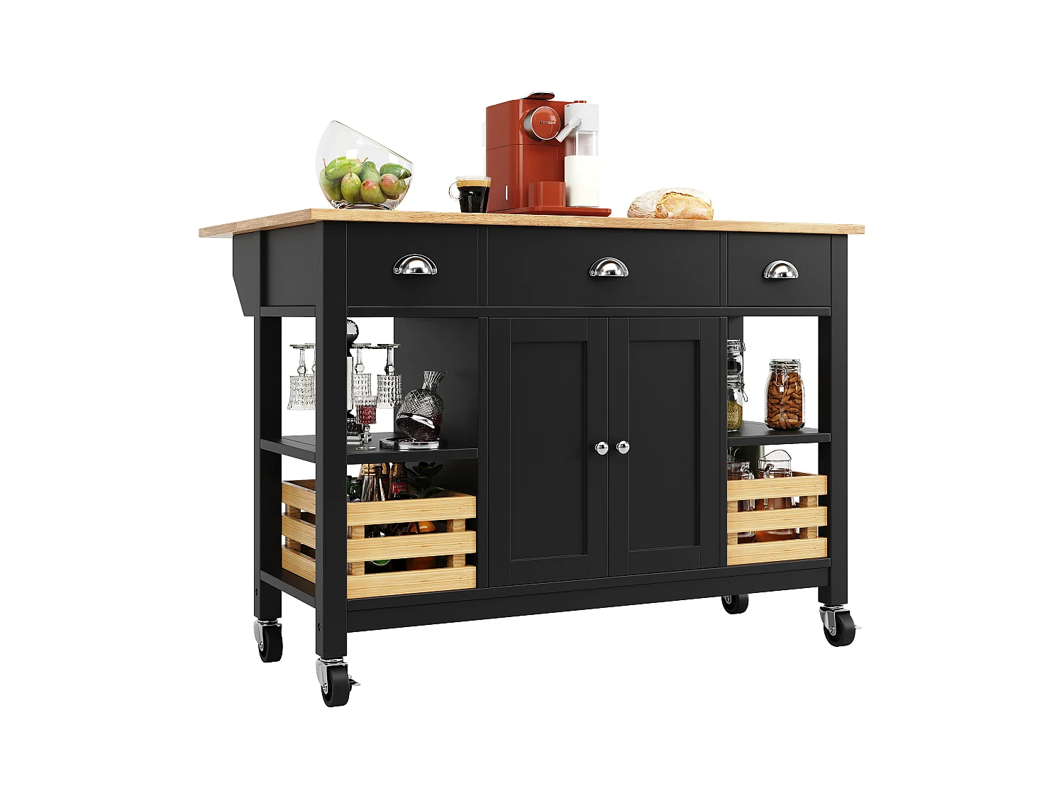 Îlot de cuisine moderne avec plateau en bois, 3 tiroirs, panier en pin, fonction de rangement multifonctionnel, blanc (120x45x90 cm)