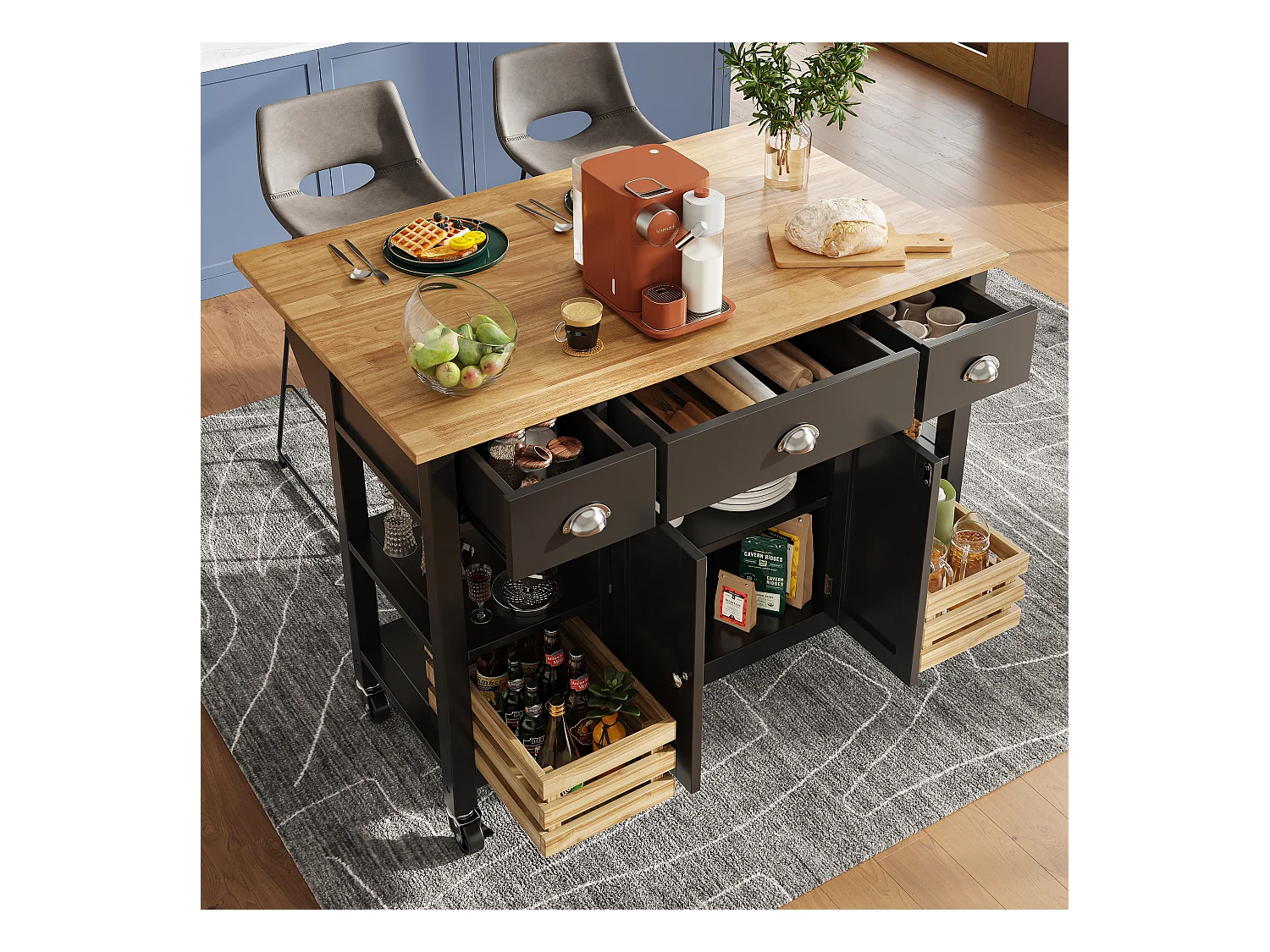 Modern kookeiland met houten blad, 3 lades, grenen mand, multifunctionele opbergfunctie, wit (120x45x90 cm)