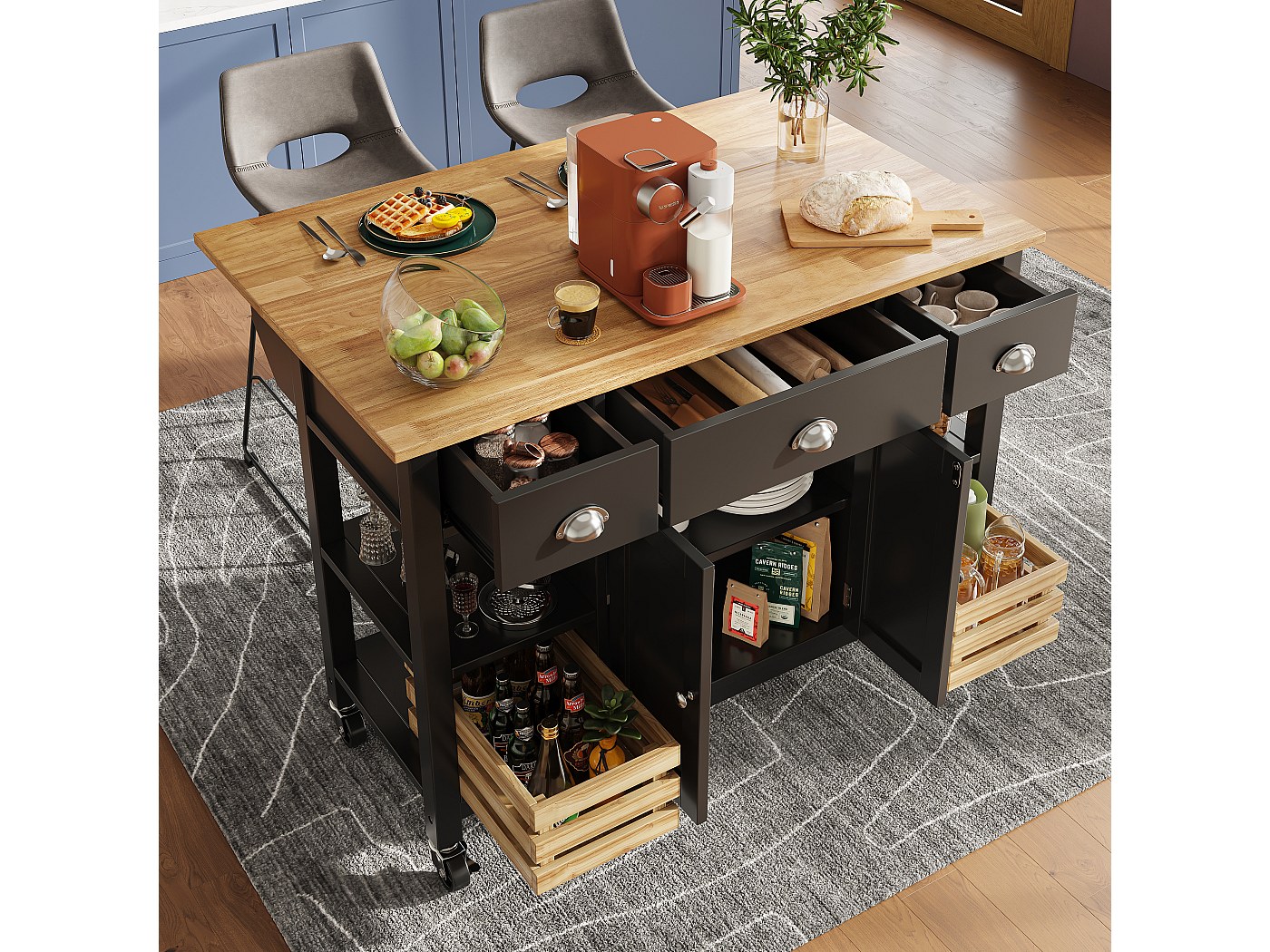 Ilot De Cuisine / Chariot Rangement Avec Plateau Pliable - 110x46x90.5 Cm (74 Cm Déplié), 3 Tiroirs, 2 Portes, Roulettes - Noir, Métal Et MDF