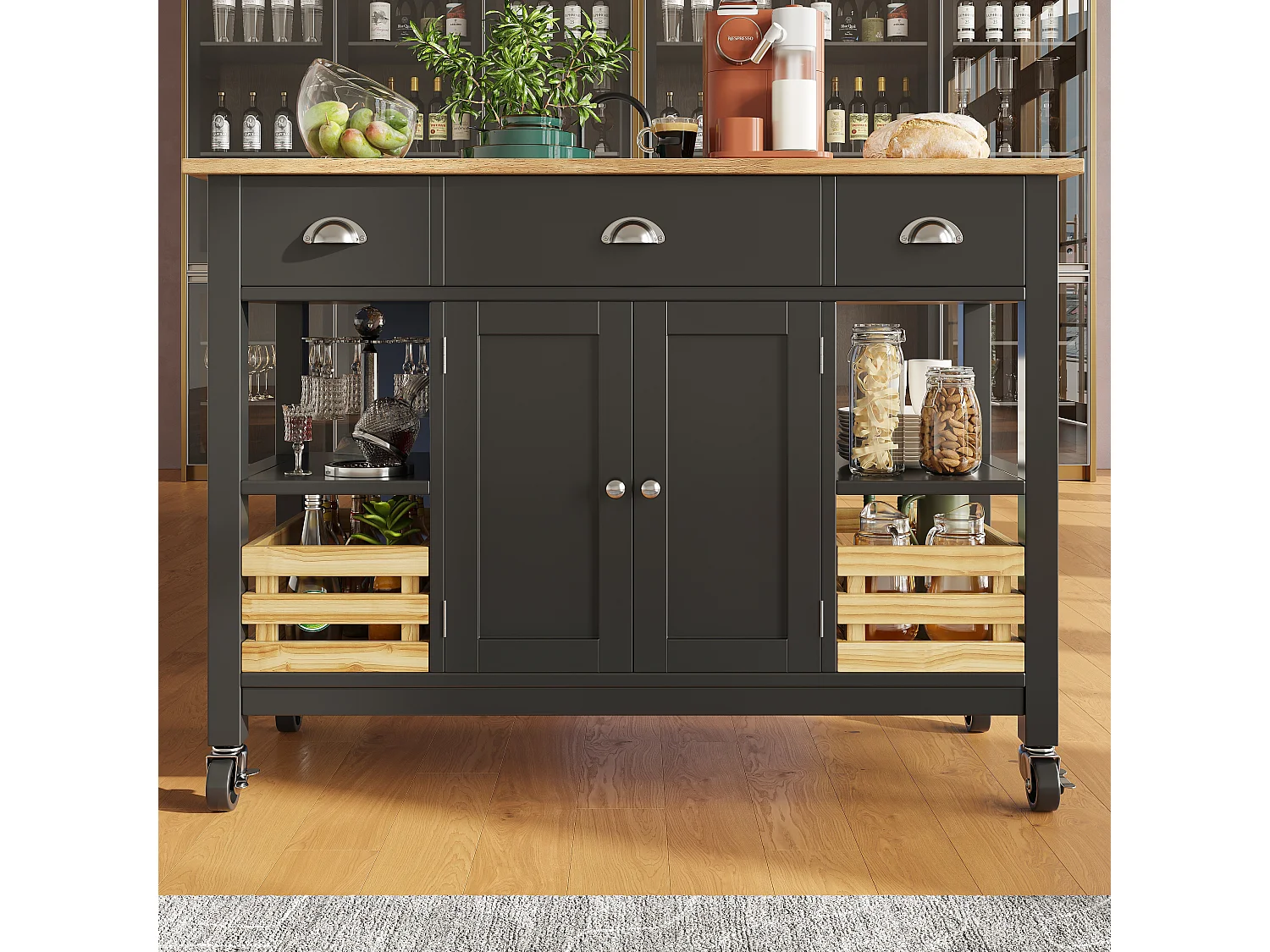 Îlot de cuisine moderne avec plateau en bois, 3 tiroirs, panier en pin, fonction de rangement multifonctionnel, blanc (120x45x90 cm)