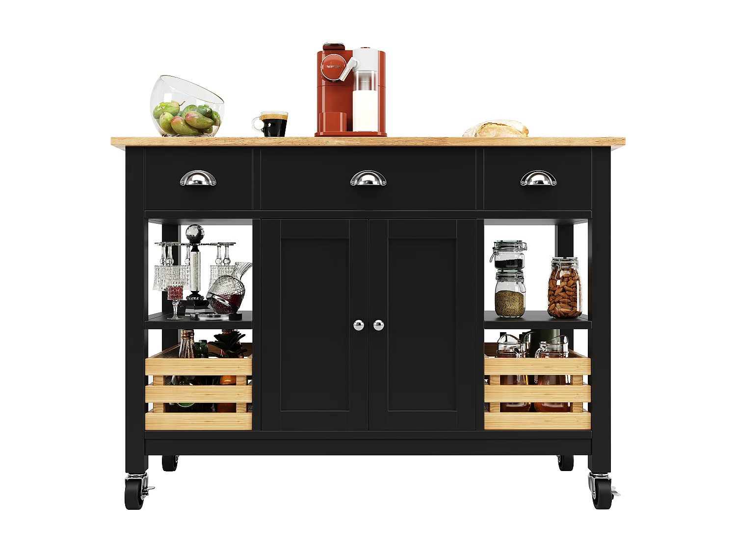 Îlot de cuisine moderne avec plateau en bois, 3 tiroirs, panier en pin, fonction de rangement multifonctionnel, blanc (120x45x90 cm)