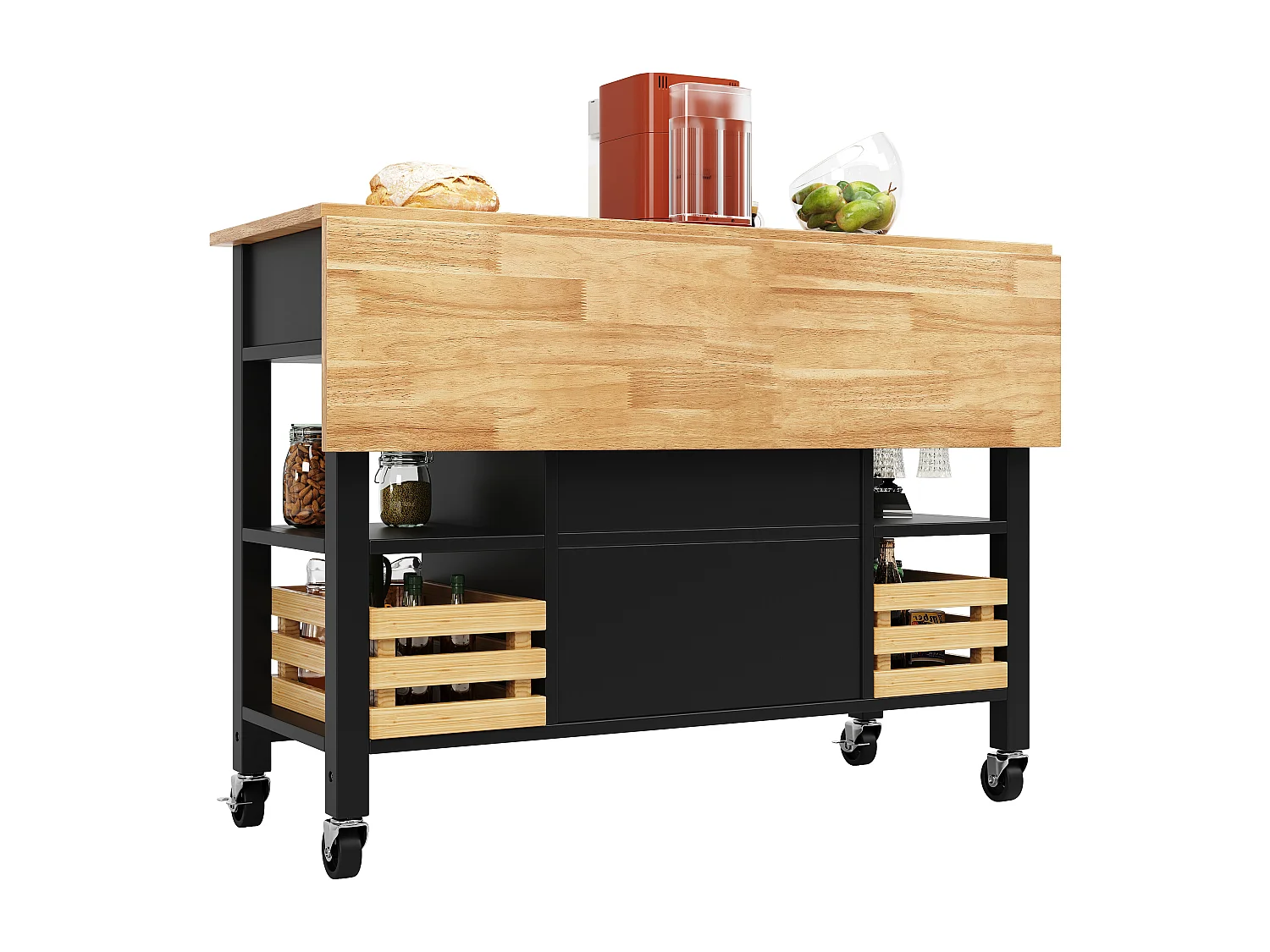 Îlot de cuisine moderne avec plateau en bois, 3 tiroirs, panier en pin, fonction de rangement multifonctionnel, blanc (120x45x90 cm)