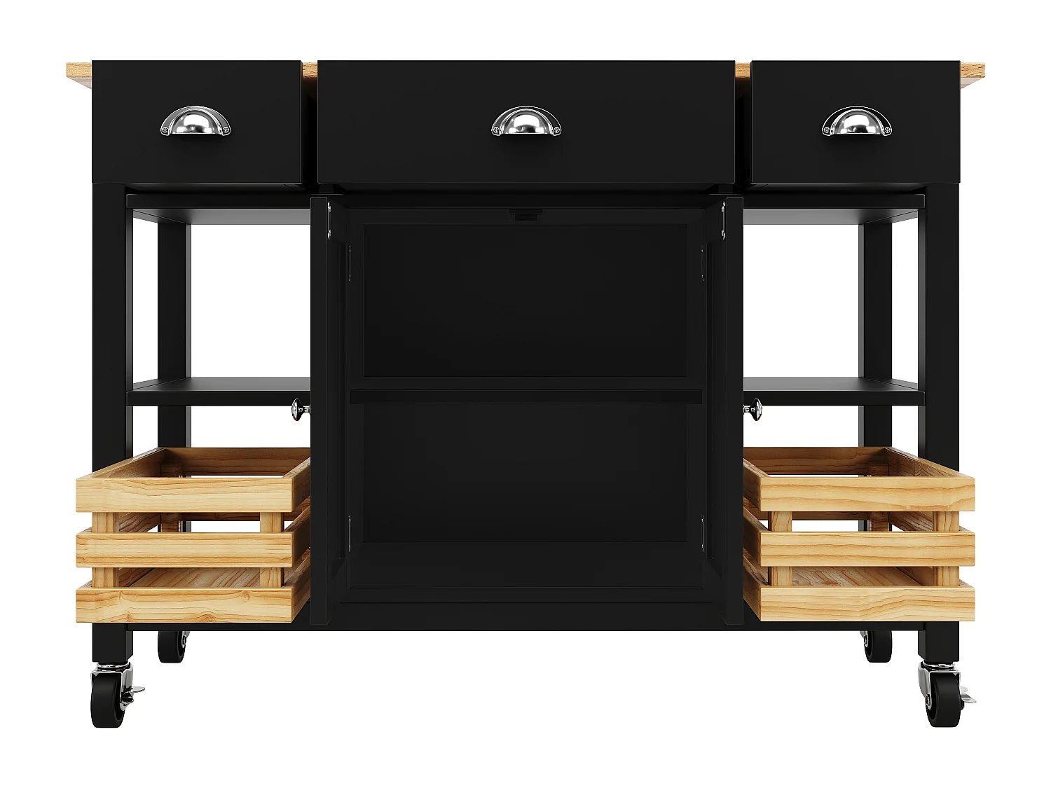 Îlot de cuisine moderne avec plateau en bois, 3 tiroirs, panier en pin, fonction de rangement multifonctionnel, blanc (120x45x90 cm)