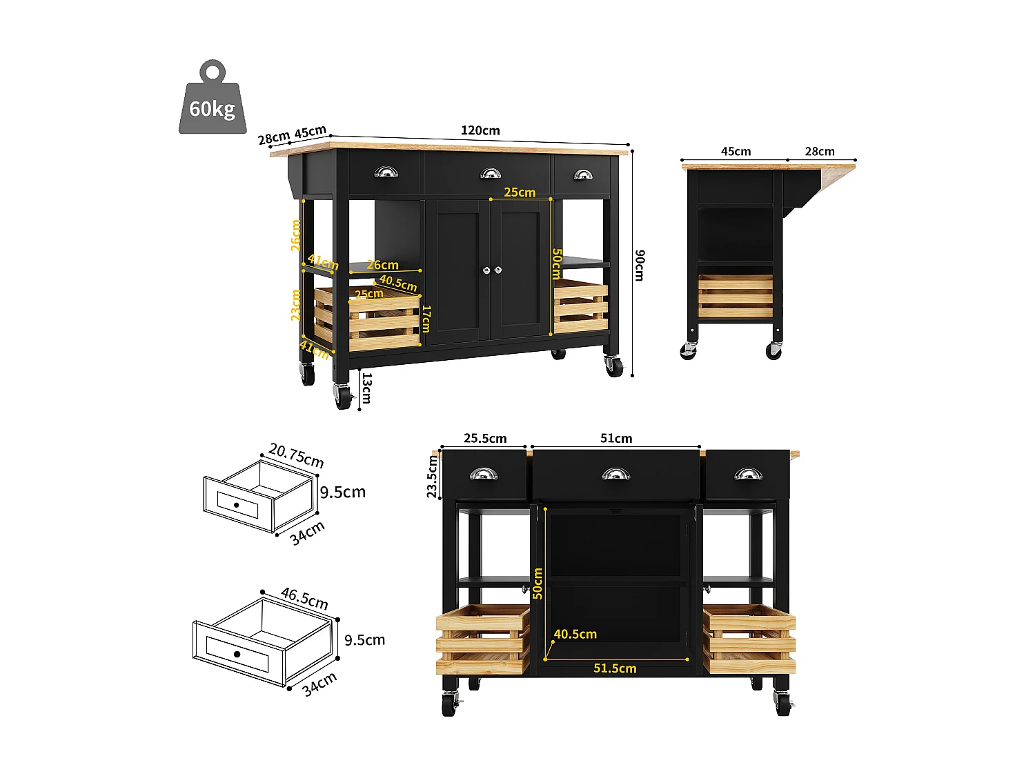 Îlot de cuisine moderne avec plateau en bois, 3 tiroirs, panier en pin, fonction de rangement multifonctionnel, blanc (120x45x90 cm)