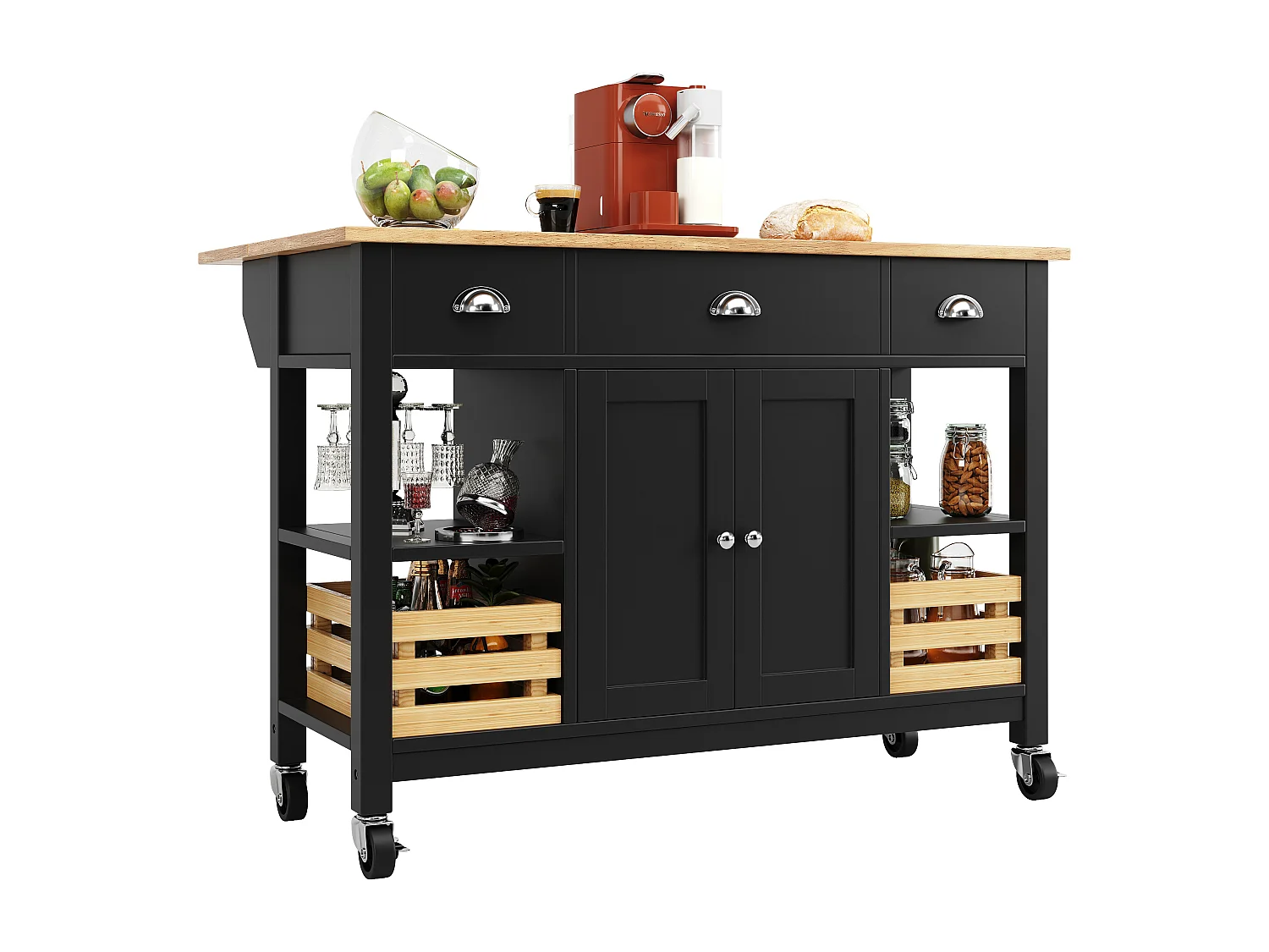 Îlot de cuisine moderne avec plateau en bois, 3 tiroirs, panier en pin, fonction de rangement multifonctionnel, blanc (120x45x90 cm)