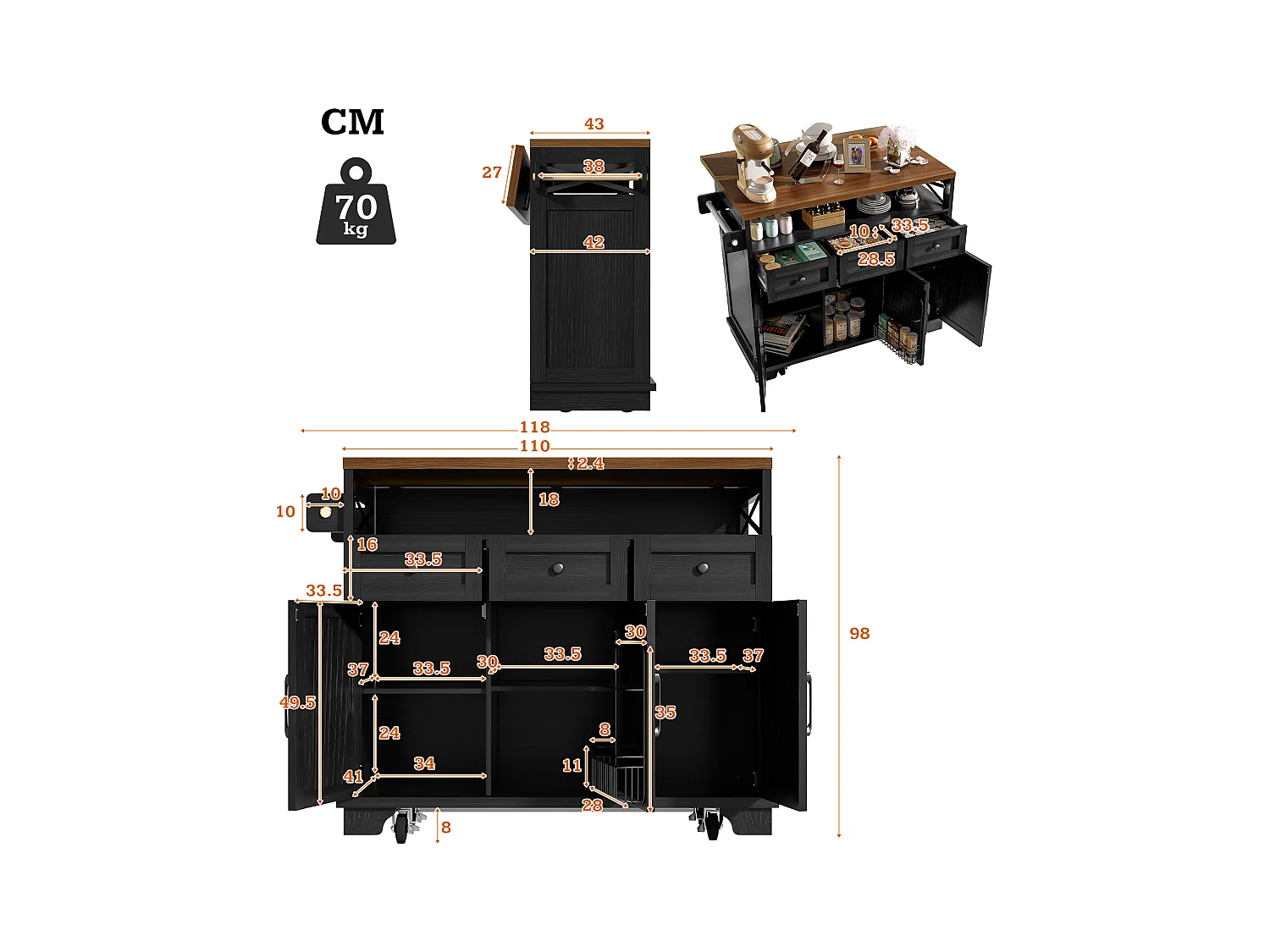 Isla de cocina moderna (118×43-80×98 cm), mueble de cocina con ruedas, separador extraíble, toallero, acabado madera (negro)