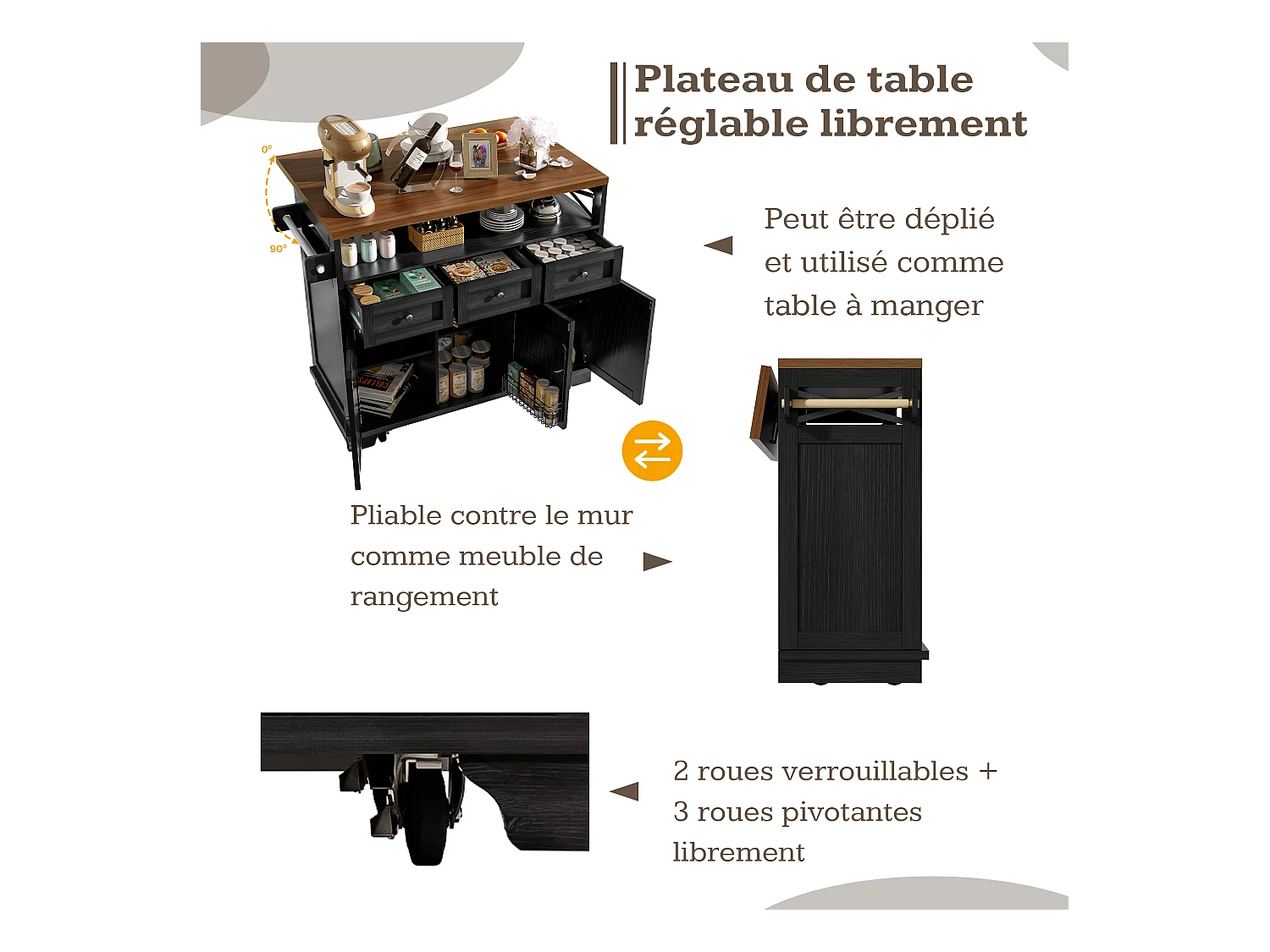 Isla de cocina moderna (118×43-80×98 cm), mueble de cocina con ruedas, separador extraíble, toallero, acabado madera (negro)