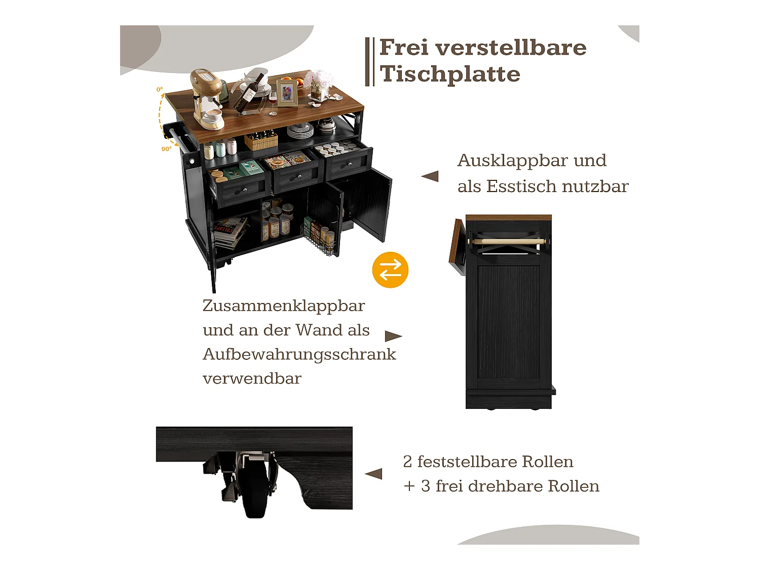 Îlot de cuisine moderne (118×43-80×98 cm), meuble de cuisine avec roues, séparation amovible, porte-serviette, finition bois (noir)