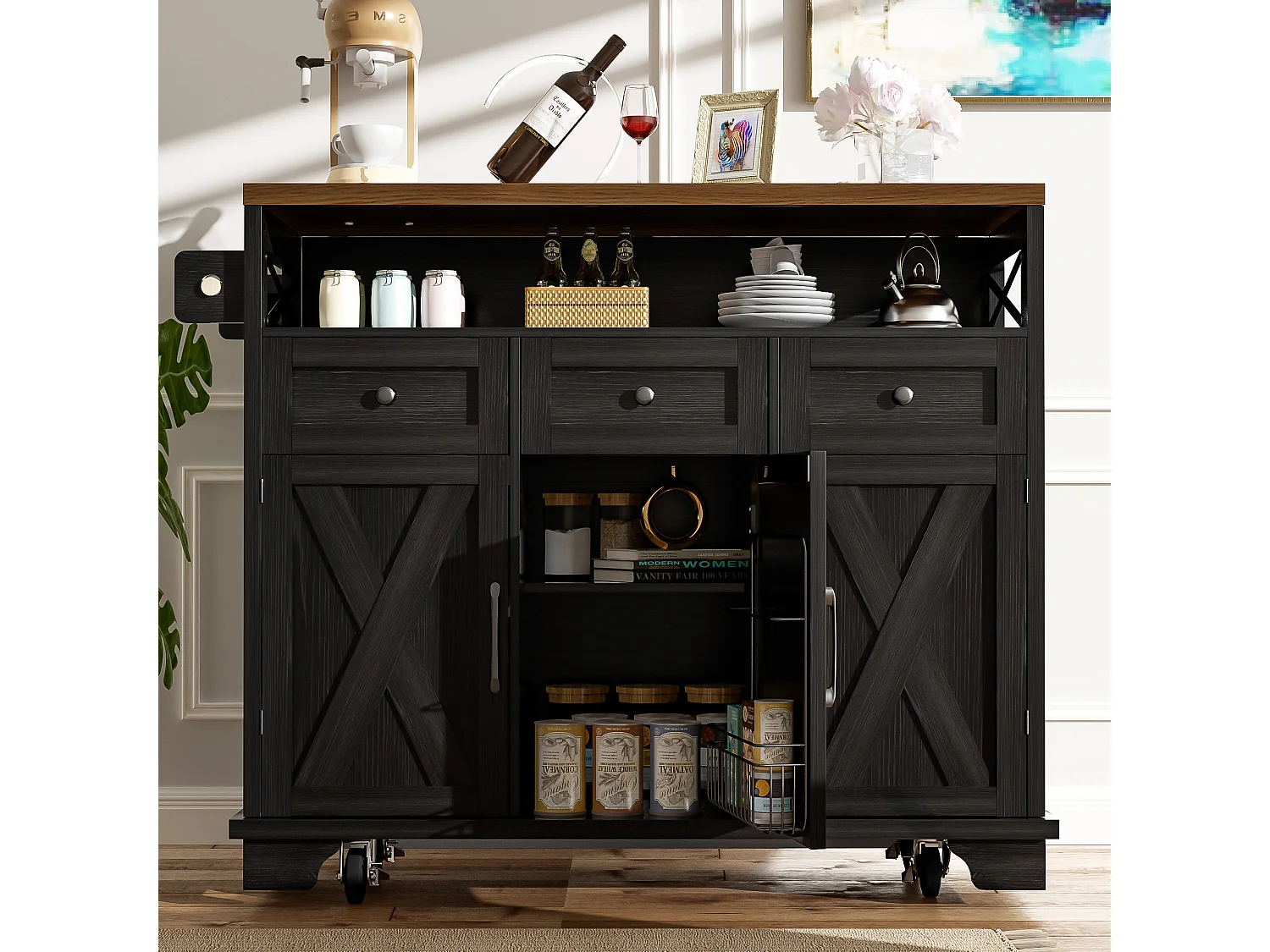 Îlot de cuisine moderne (118×43-80×98 cm), meuble de cuisine avec roues, séparation amovible, porte-serviette, finition bois (noir)
