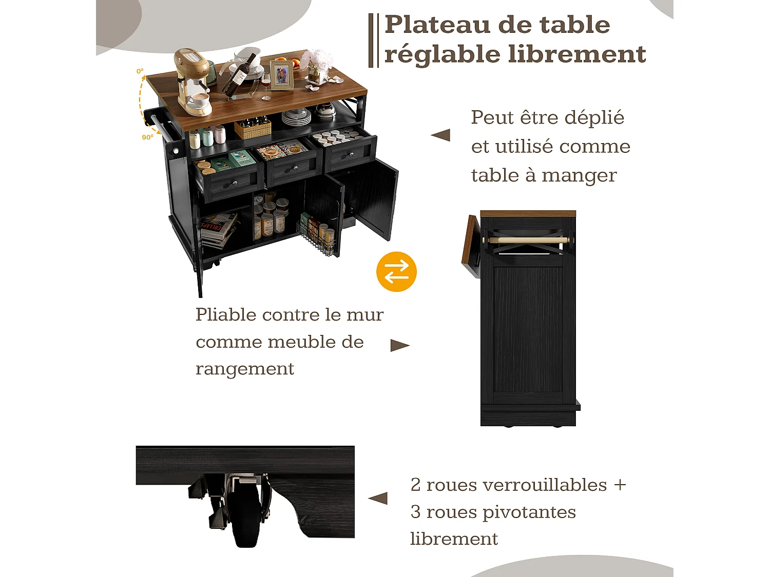 Îlot de cuisine moderne (118×43-80×98 cm), meuble de cuisine avec roues, séparation amovible, porte-serviette, finition bois (noir)
