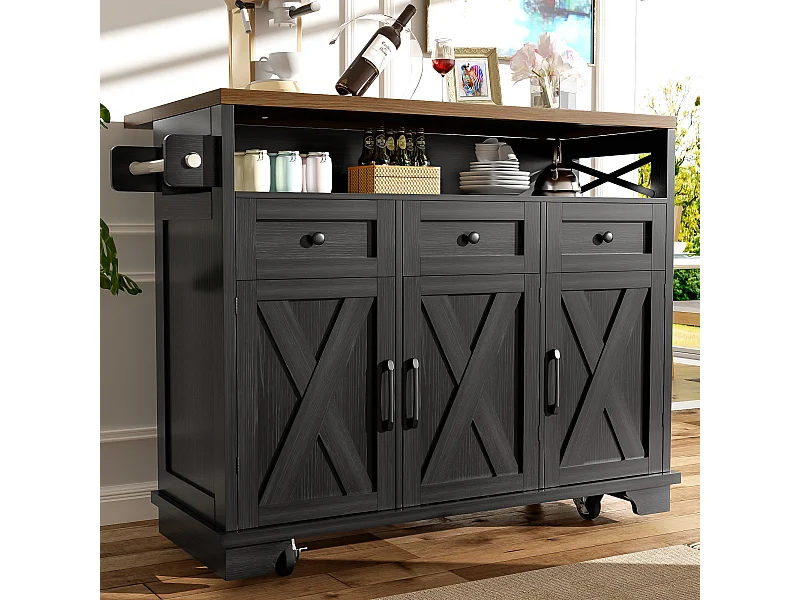 Isola cucina moderna (118×43-80×98 cm), mobile cucina con ruote, divisorio rimovibile, portasciugamani, finitura legno (nero)