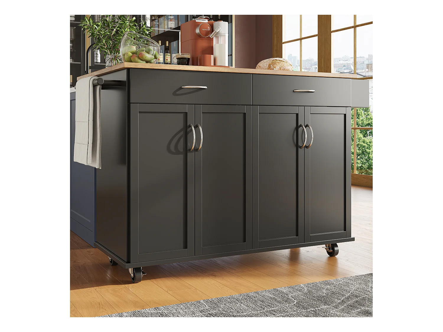 Îlot cuisine moderne, plan rabattable, meuble rangement, MDF finition bois, noir (106x50x90.5 cm)