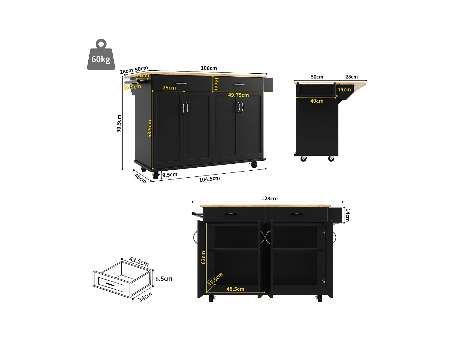 Îlot cuisine moderne, plan rabattable, meuble rangement, MDF finition bois, noir (106x50x90.5 cm)