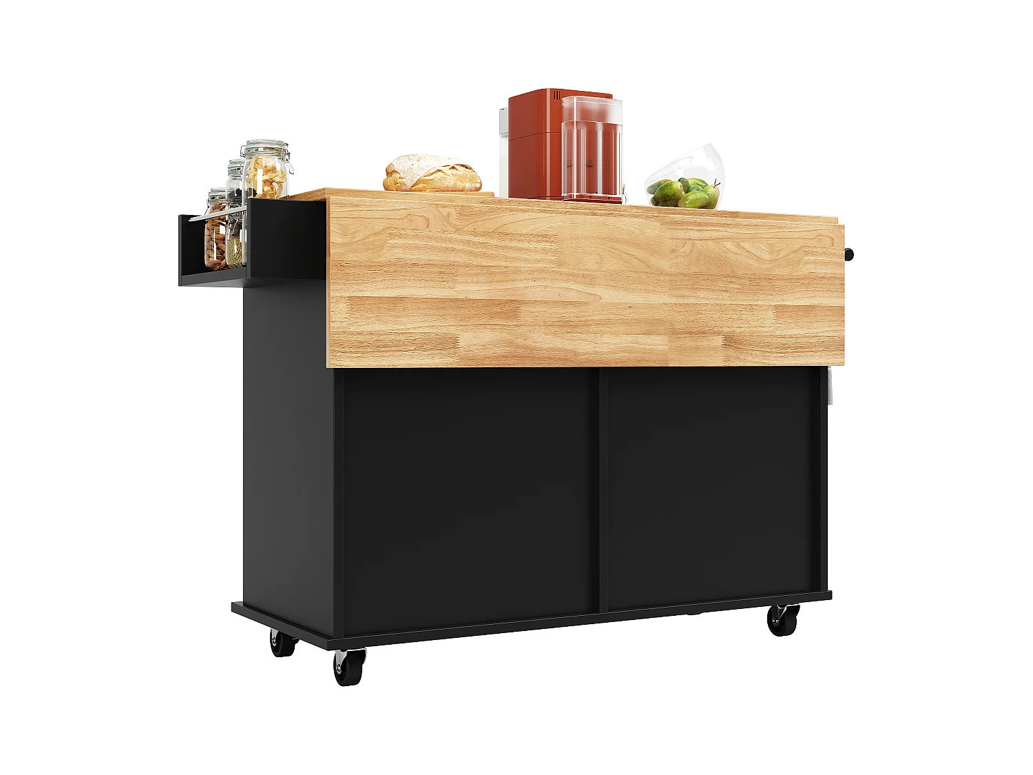 Îlot cuisine moderne, plan rabattable, meuble rangement, MDF finition bois, noir (106x50x90.5 cm)