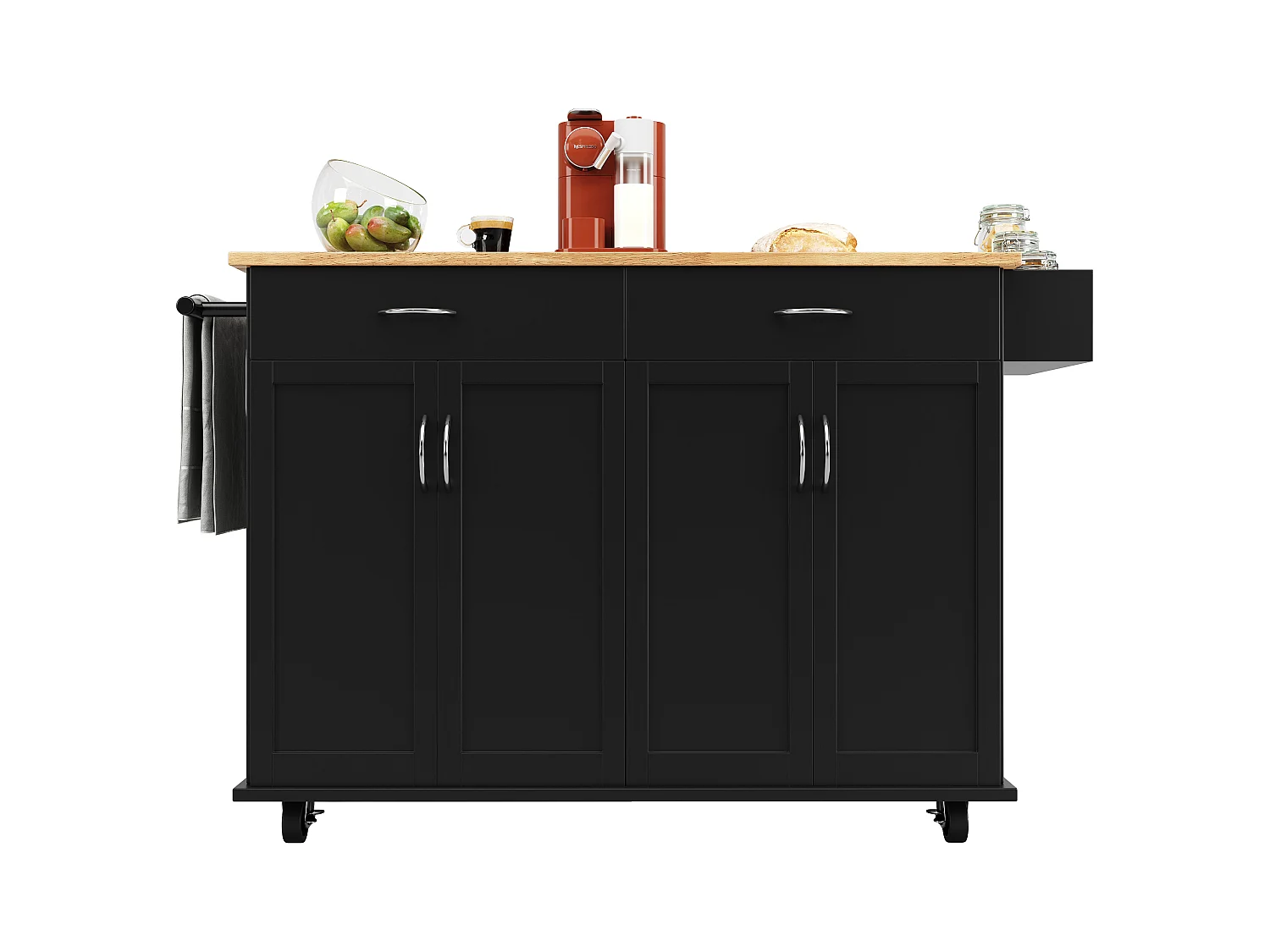 Îlot cuisine moderne, plan rabattable, meuble rangement, MDF finition bois, noir (106x50x90.5 cm)