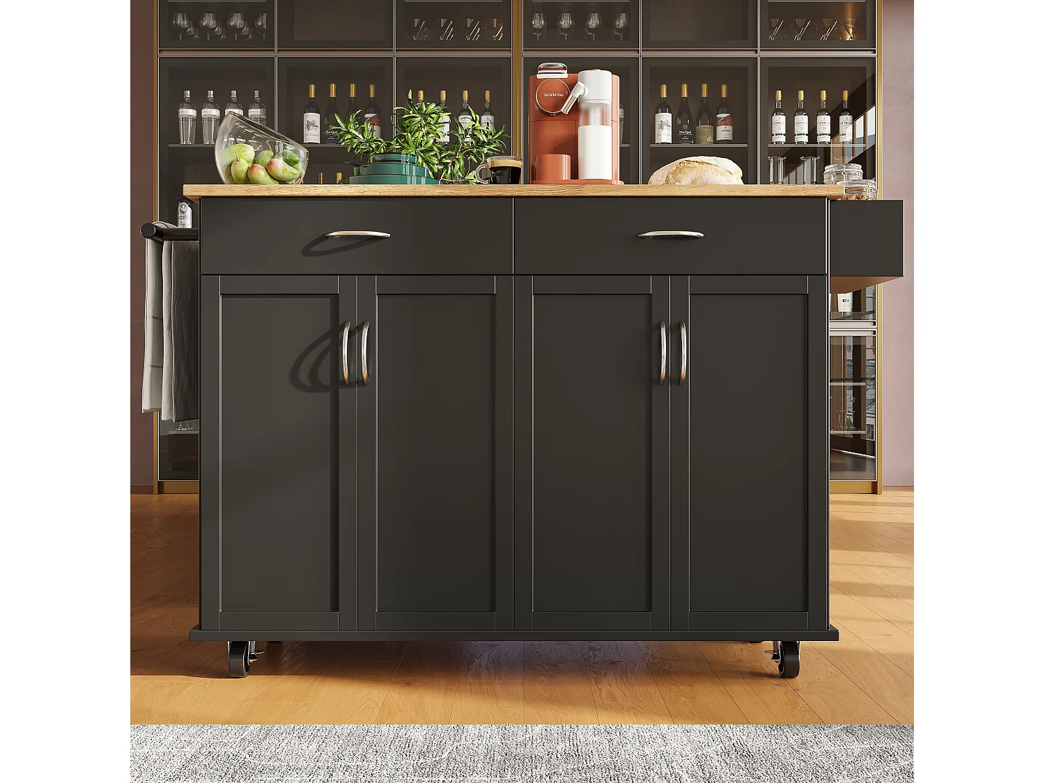 Modern kookeiland, opklapbaar blad, opbergmeubel, MDF-houten afwerking, zwart (106x50x90,5 cm)