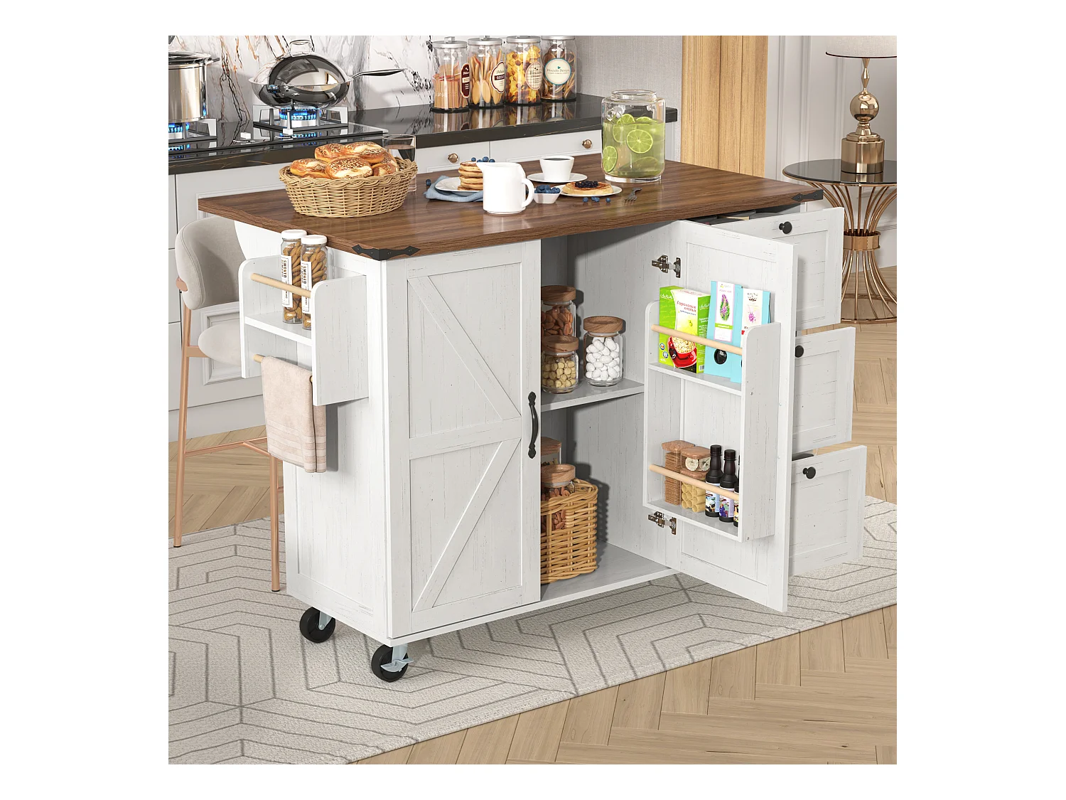 Isla de cocina con encimera extensible, carro de servicio con ruedas, con 2 puertas y 3 cajones, MDF beige y madera (140x45x92,5 cm)