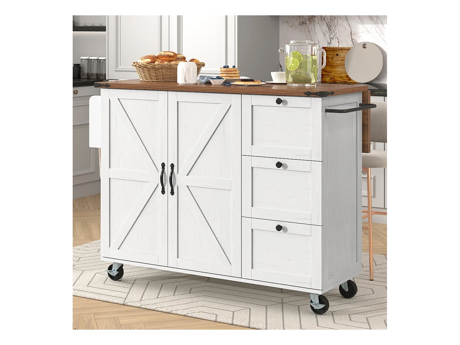 Isla de cocina con encimera extensible, carro de servicio con ruedas, con 2 puertas y 3 cajones, MDF beige y madera (140x45x92,5 cm)