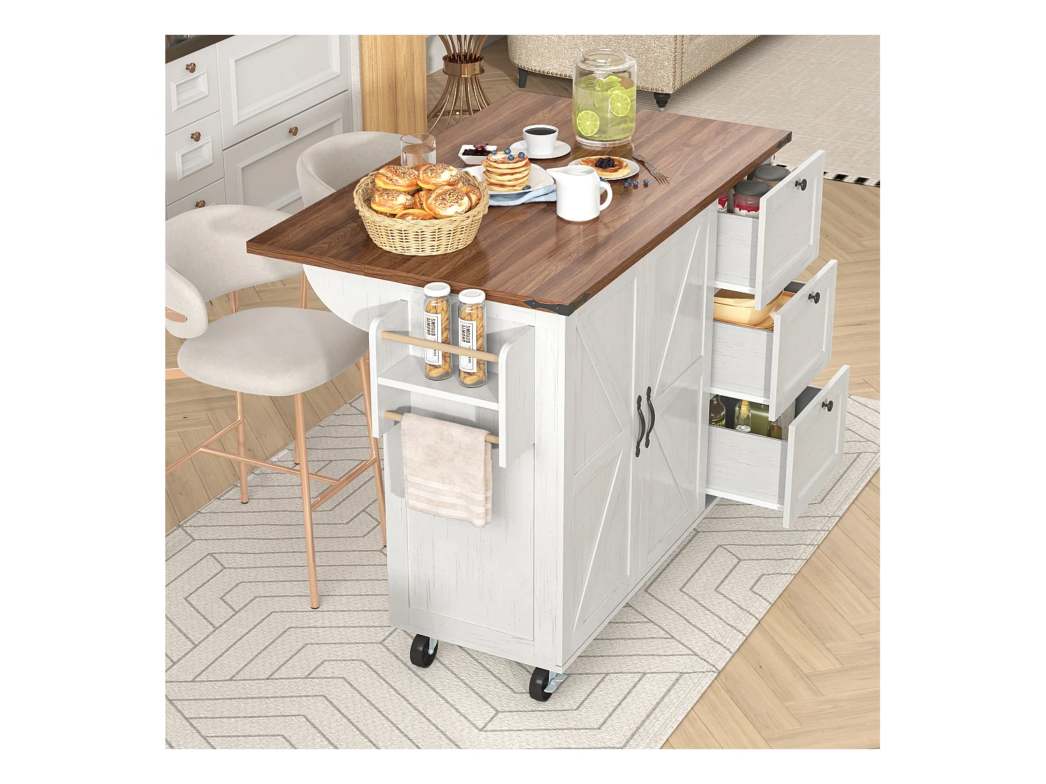 Isla de cocina con encimera extensible, carro de servicio con ruedas, con 2 puertas y 3 cajones, MDF beige y madera (140x45x92,5 cm)