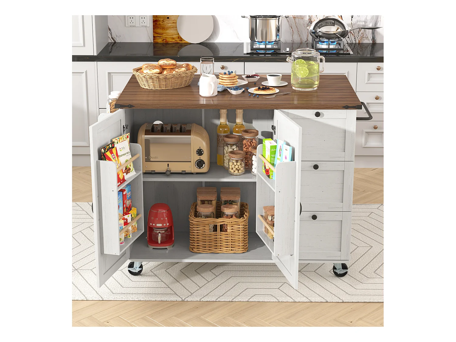 Isla de cocina con encimera extensible, carro de servicio con ruedas, con 2 puertas y 3 cajones, MDF beige y madera (140x45x92,5 cm)