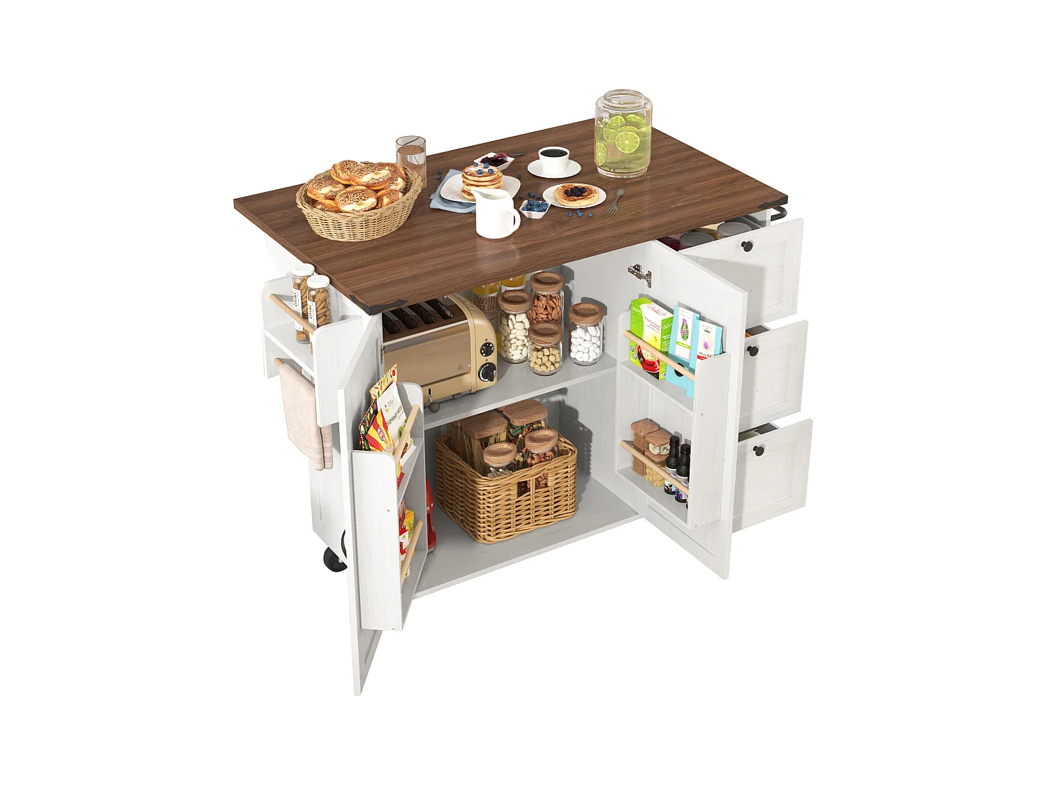 Isla de cocina con encimera extensible, carro de servicio con ruedas, con 2 puertas y 3 cajones, MDF beige y madera (140x45x92,5 cm)