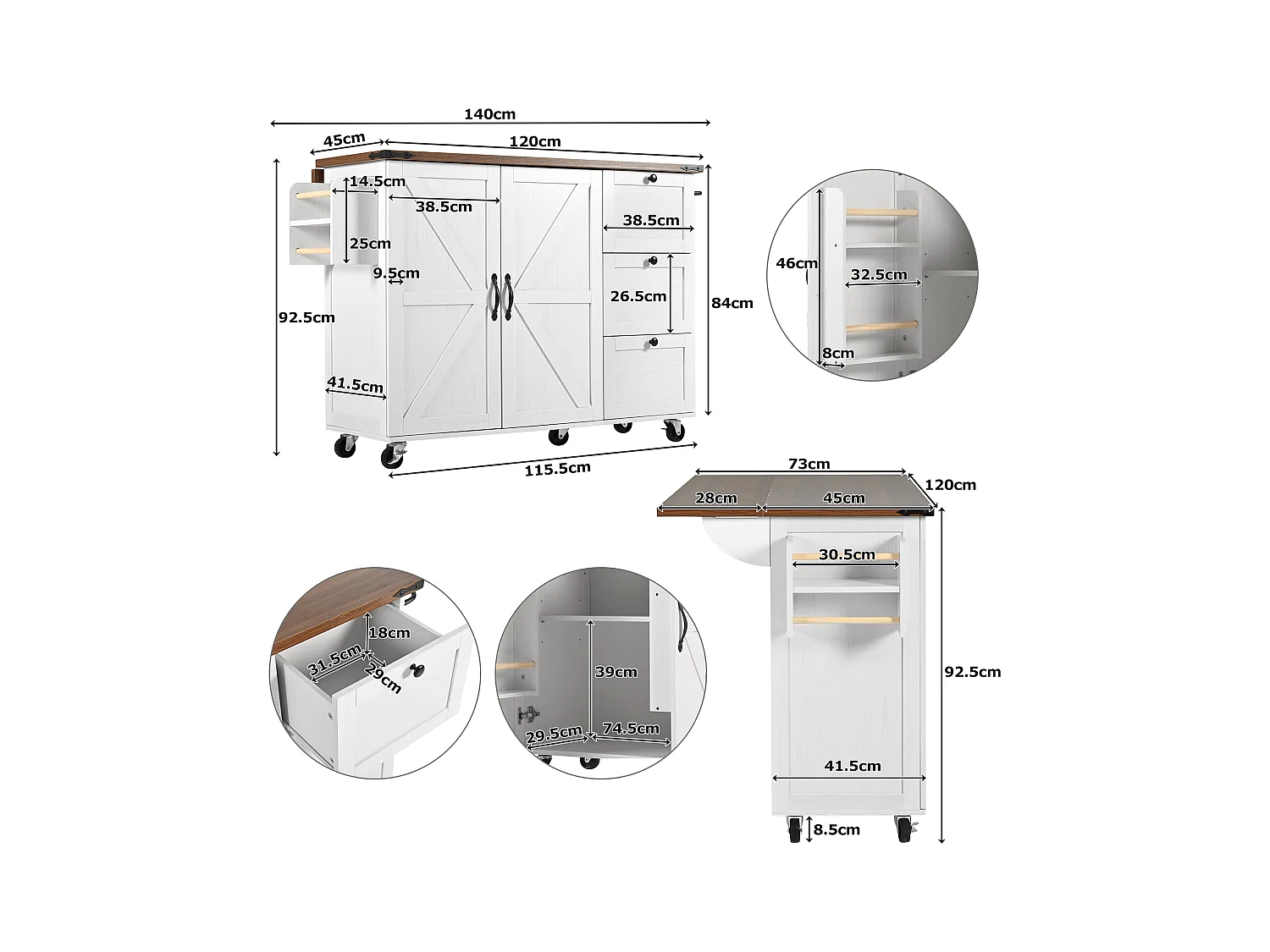 Isla de cocina con encimera extensible, carro de servicio con ruedas, con 2 puertas y 3 cajones, MDF beige y madera (140x45x92,5 cm)