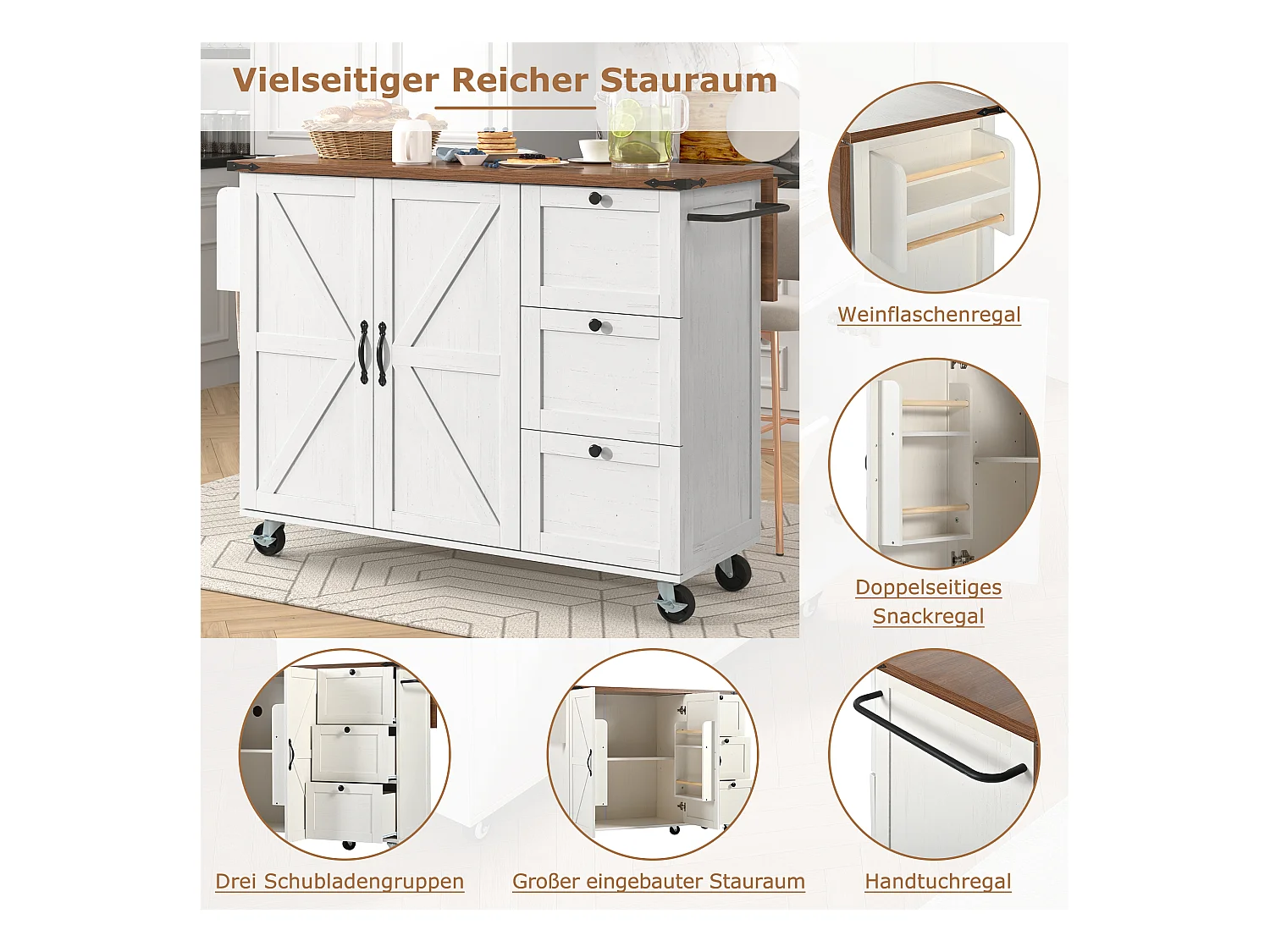 Isla de cocina con encimera extensible, carro de servicio con ruedas, con 2 puertas y 3 cajones, MDF beige y madera (140x45x92,5 cm)