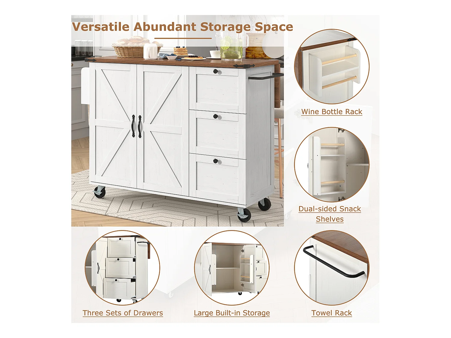 Isla de cocina con encimera extensible, carro de servicio con ruedas, con 2 puertas y 3 cajones, MDF beige y madera (140x45x92,5 cm)