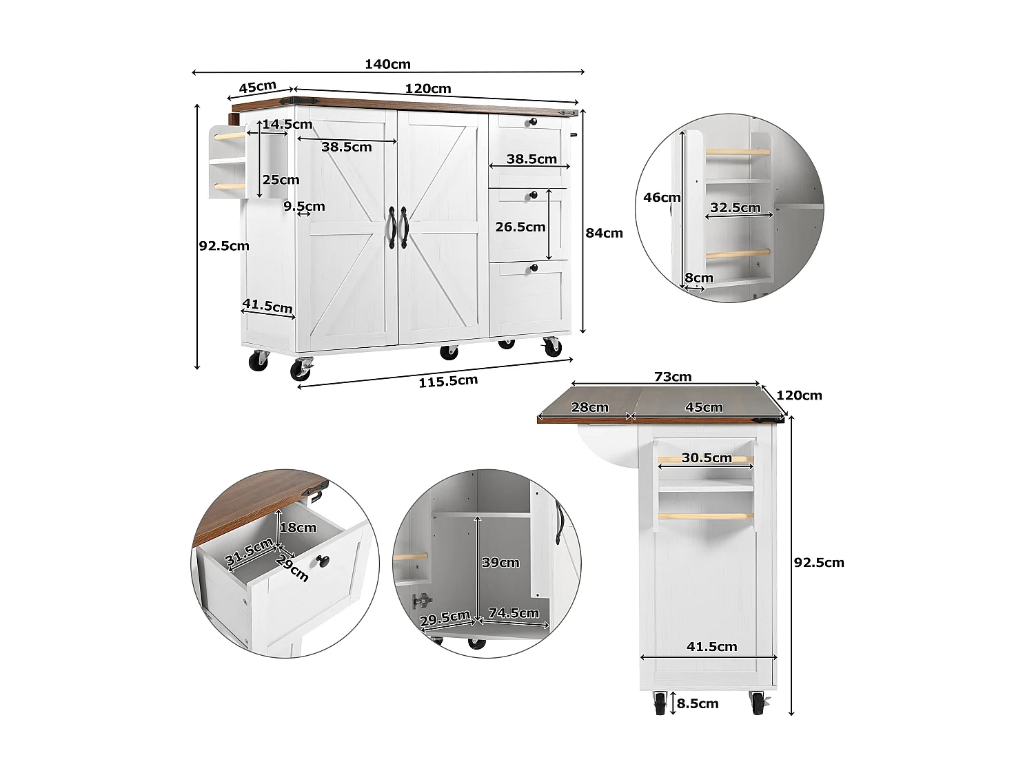 Îlot de cuisine avec plan de travail extensible, chariot de service sur roulettes, avec 2 portes et 3 tiroirs, MDF beige et bois (140x45x92.5 cm)