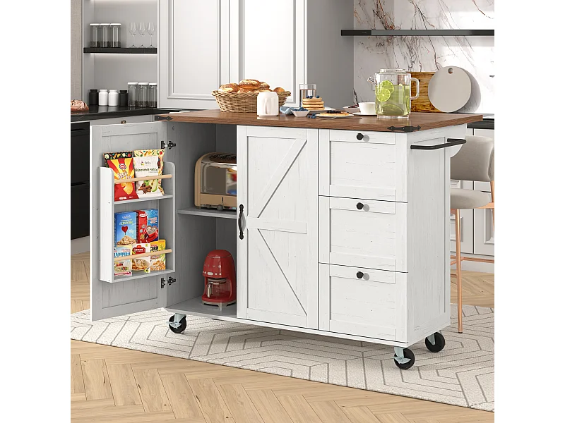 Îlot de cuisine avec plan de travail extensible, chariot de service sur roulettes, avec 2 portes et 3 tiroirs, MDF beige et bois (140x45x92.5 cm)