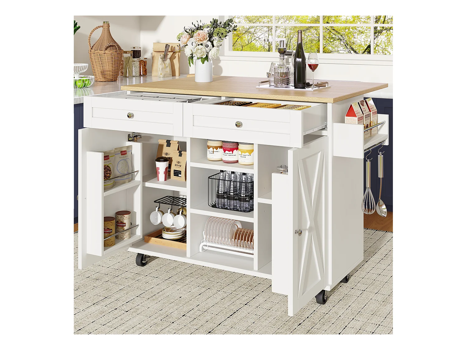 Îlot de cuisine multifonction, meuble de rangement avec étagères, MDF et métal, blanc (134x45.2x89 cm)