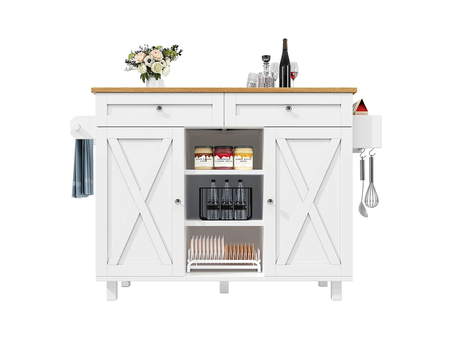 Îlot de cuisine multifonction, meuble de rangement avec étagères, MDF et métal, blanc (134x45.2x89 cm)