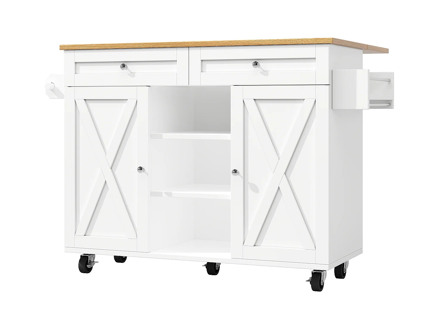 Îlot de cuisine multifonction, meuble de rangement avec étagères, MDF et métal, blanc (134x45.2x89 cm)