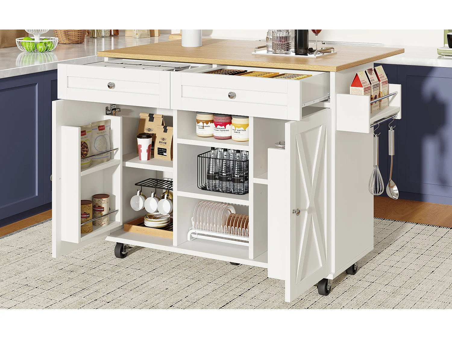 Îlot de cuisine multifonction, meuble de rangement avec étagères, MDF et métal, blanc (134x45.2x89 cm)